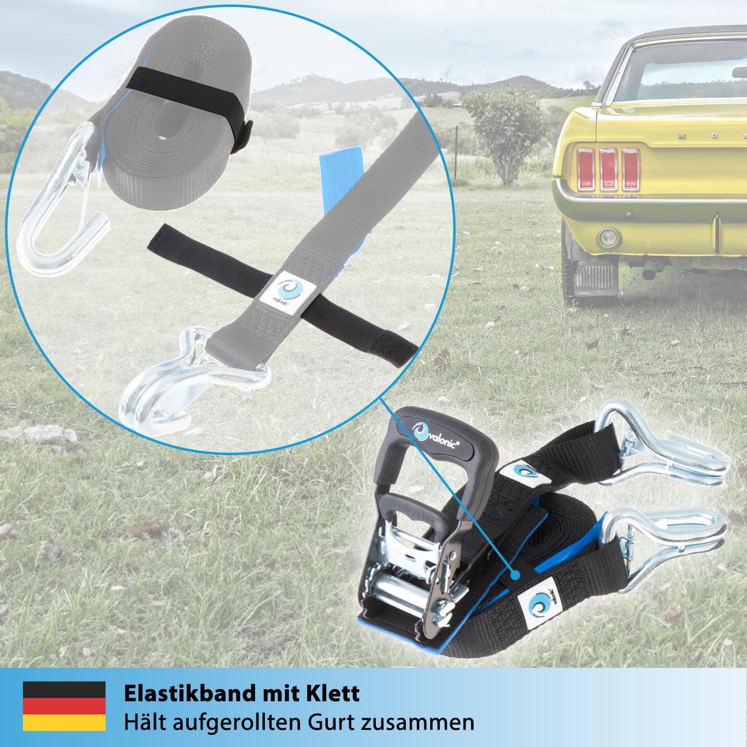 valonic Buffalo - 2X 6m Spanngurte mit Haken, Blaue Fahne, 38mm, 1000/2000 Kg, mit Polsterung, DIN EN 12195-2 - zweiteilig, Transport Gurt mit Ratsche für LKW, Anhänger