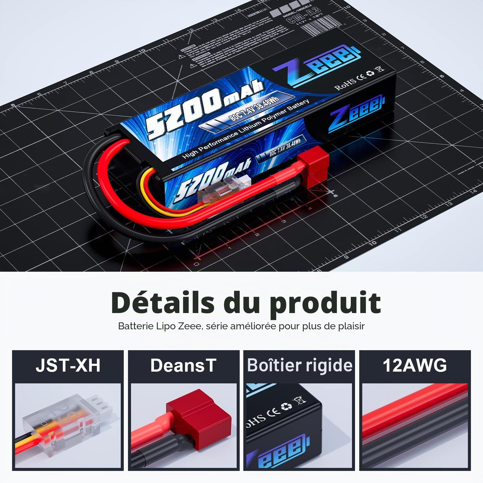 Zeee 2s lipo Batterie 5200mAh 7,4V 80C RC Batterie, avec connecteur Deans T Fiche, pour RC Evader BX Auto Car Truck LKW Truggy RC Hobby (2 Paquets)