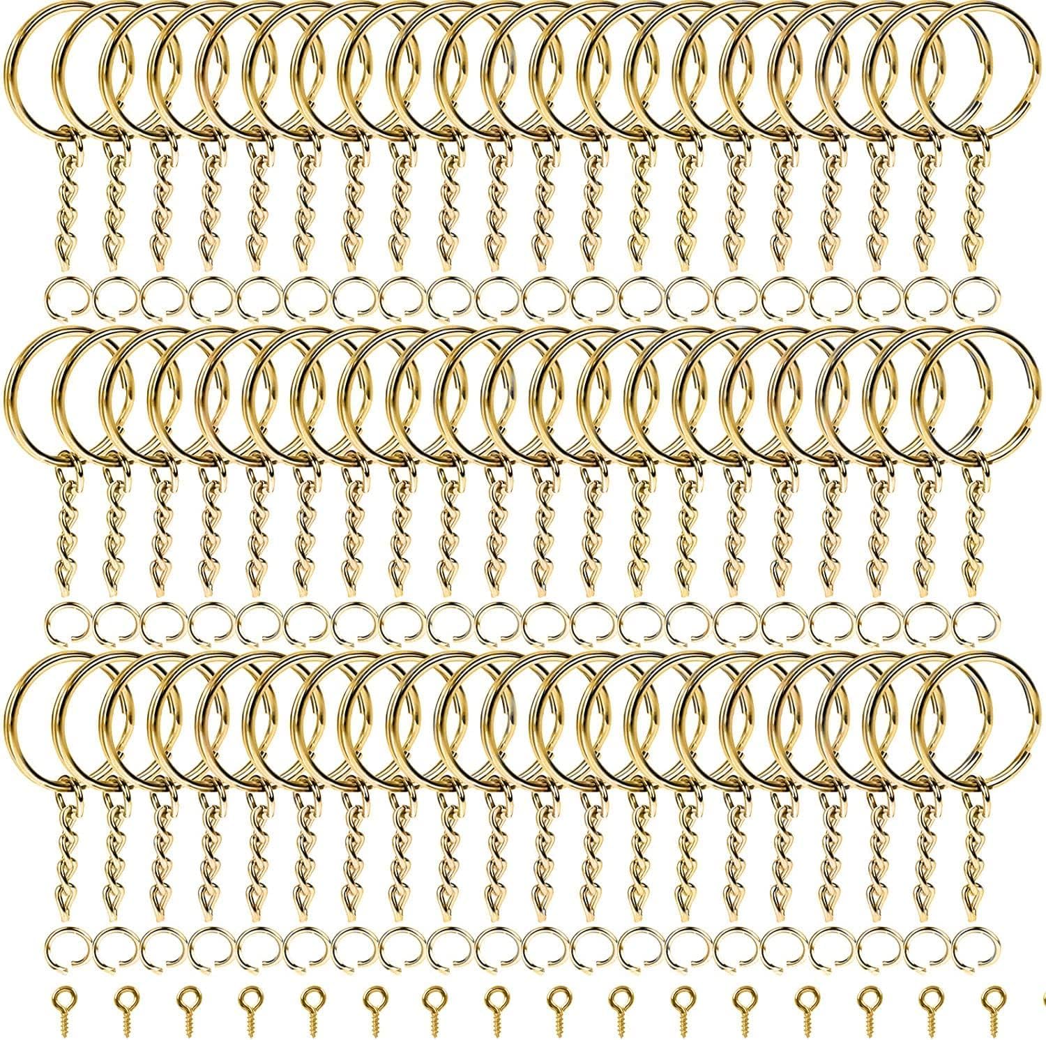 Amzuia 300 Pcs 25mm Key Chain Rings Kit Including 100 Pcs Keychain Rings with Chain, Open Jump Rings, Screws Eye Pin in Store Case for DIY Arts and Crafts (Gold)
