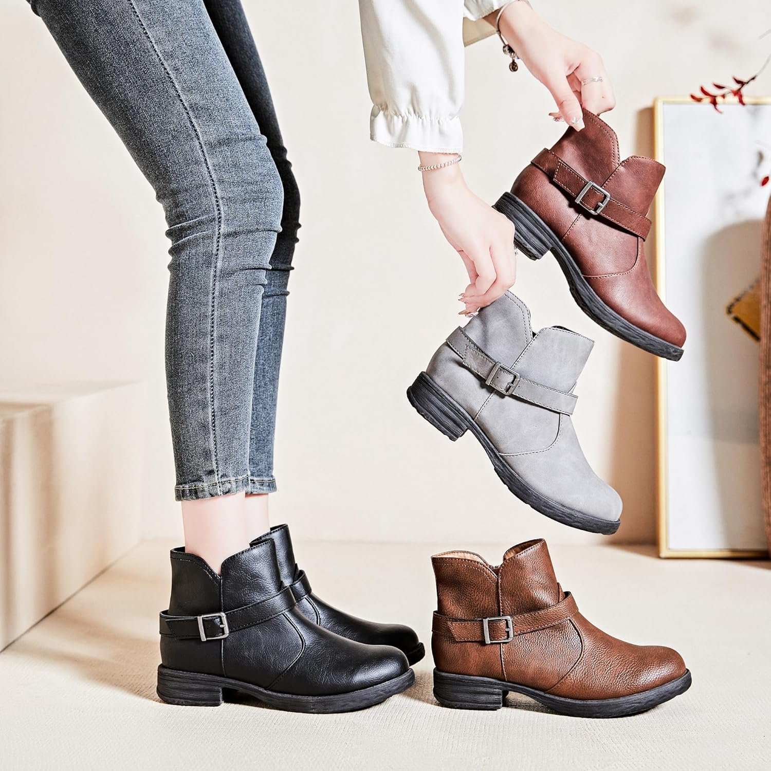 Ataiwee Women's Ankle Boots - Classic Side Zip, Cover with Buckle Strap, Round Toe, Comfortable Platform, Low Chunky Heel Comfort Slip On Fashion (Black/Dark Brown/Grey) Boots. - Image 6