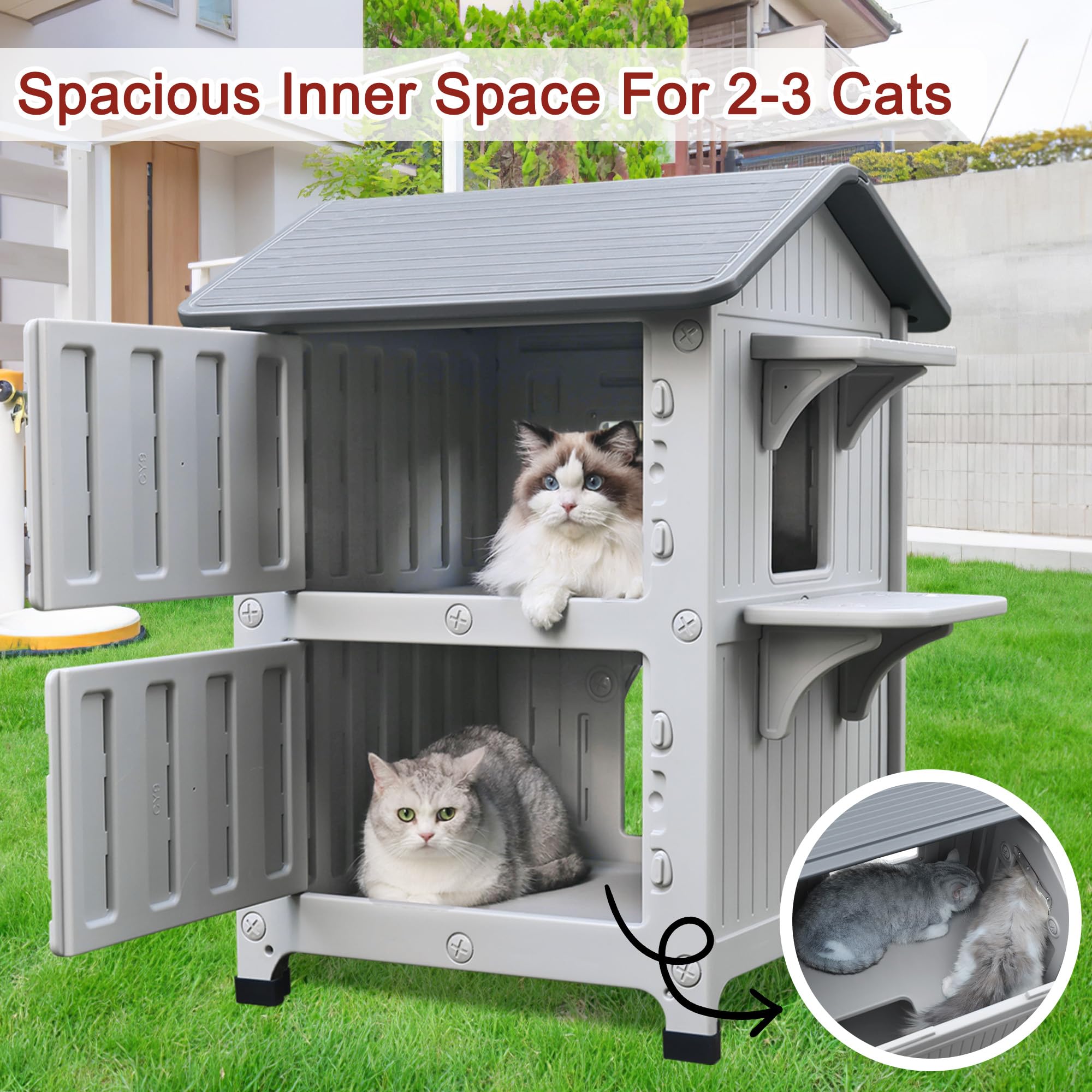Casa para Gatos al Aire Libre de Plástico Exterior - Refugio Resistente a la Intemperie con Puerta de Escape para Gatos Salvajes y Mascotas