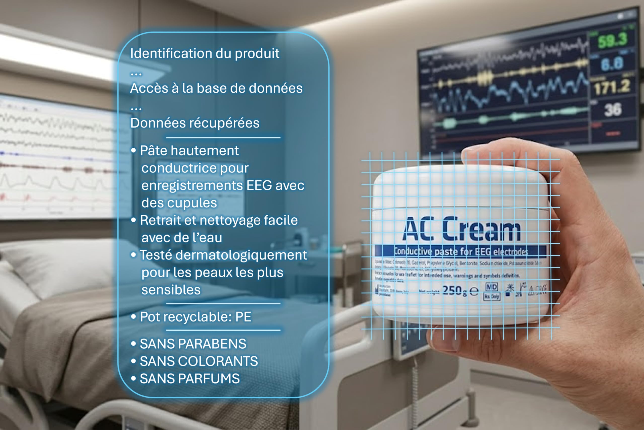 AC CREAM Pate conductrice pour électrodes/EEG, Polysomnographie, Biofeedback, Neurofeedback – Formule Hypoallergénique & Respectueuse de la Peau - 3 POTS DE 250g