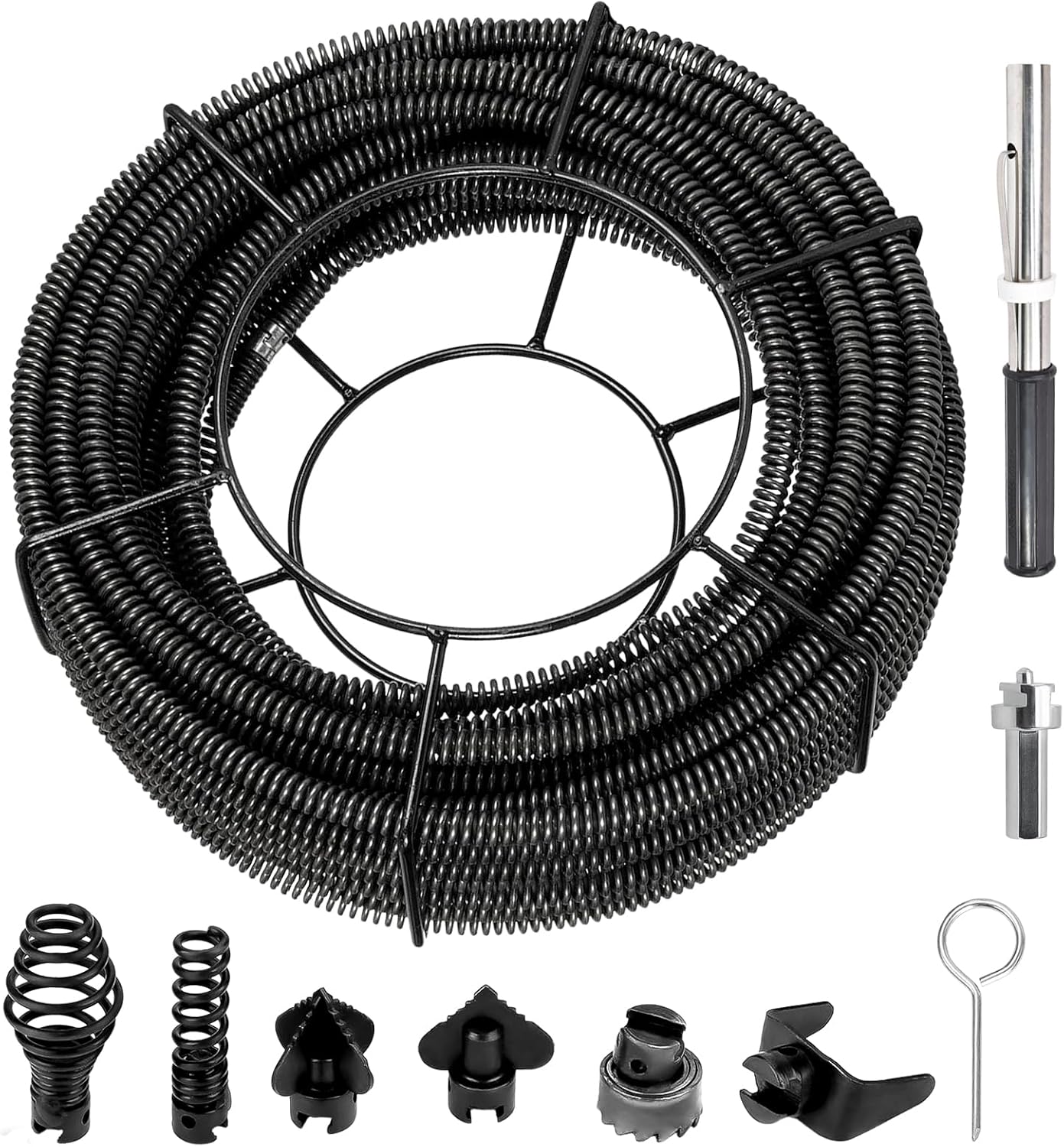 Drain Cleaning Cable 52.5 Feet x 5/8 Inch, Hollow Core Steel Sewer Cable with 6 Cutter for 0.8" to 4" Pipes, Sewer Auger Cleaner Cable for Sink, Floor Drain, Toilet