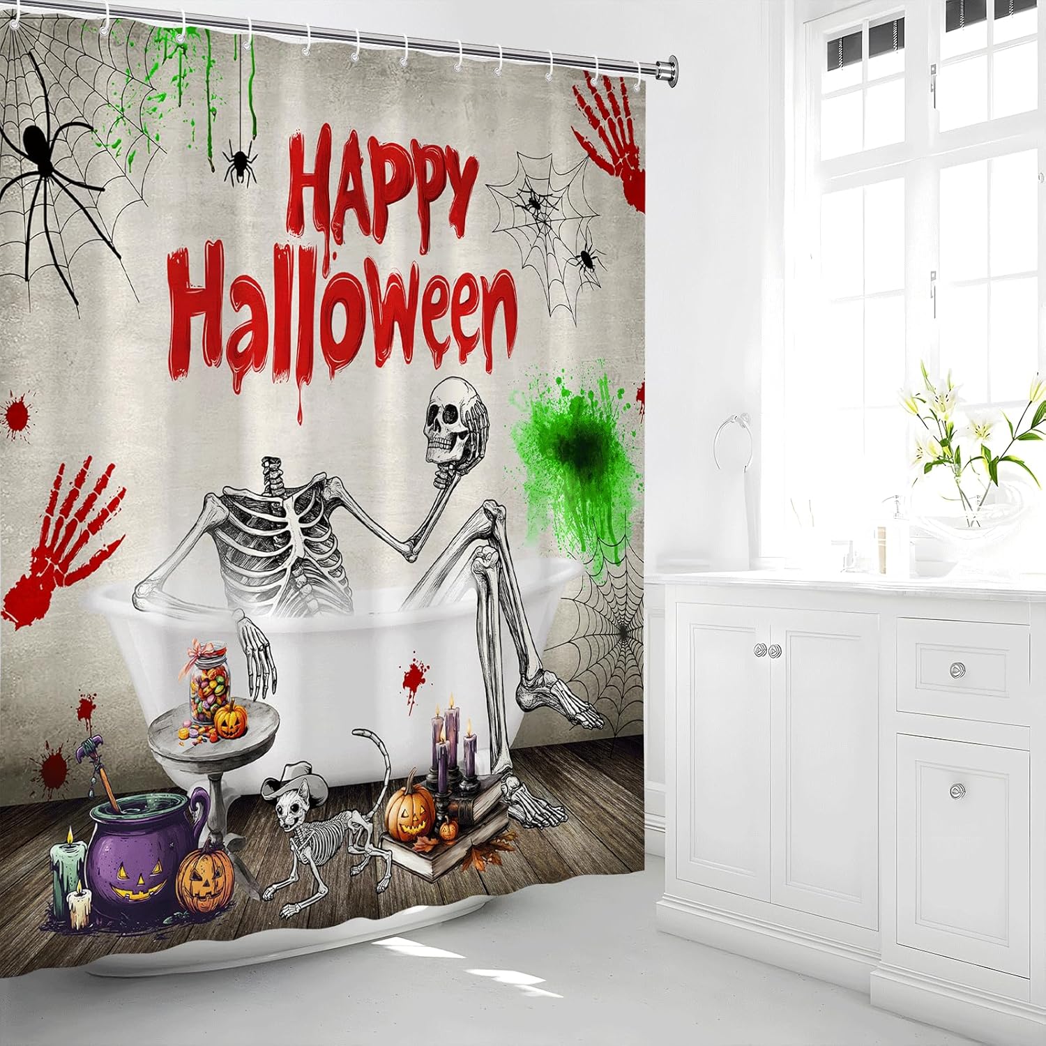 Halloween Skull Skeleton Shower Curtain Funny Cool Fall Pumpkin Spooky Cat Spider Web Gothic Day of The Dead Bathtub Bathroom Decor Accessories Fabric with Hooks 70Wx90H Inch