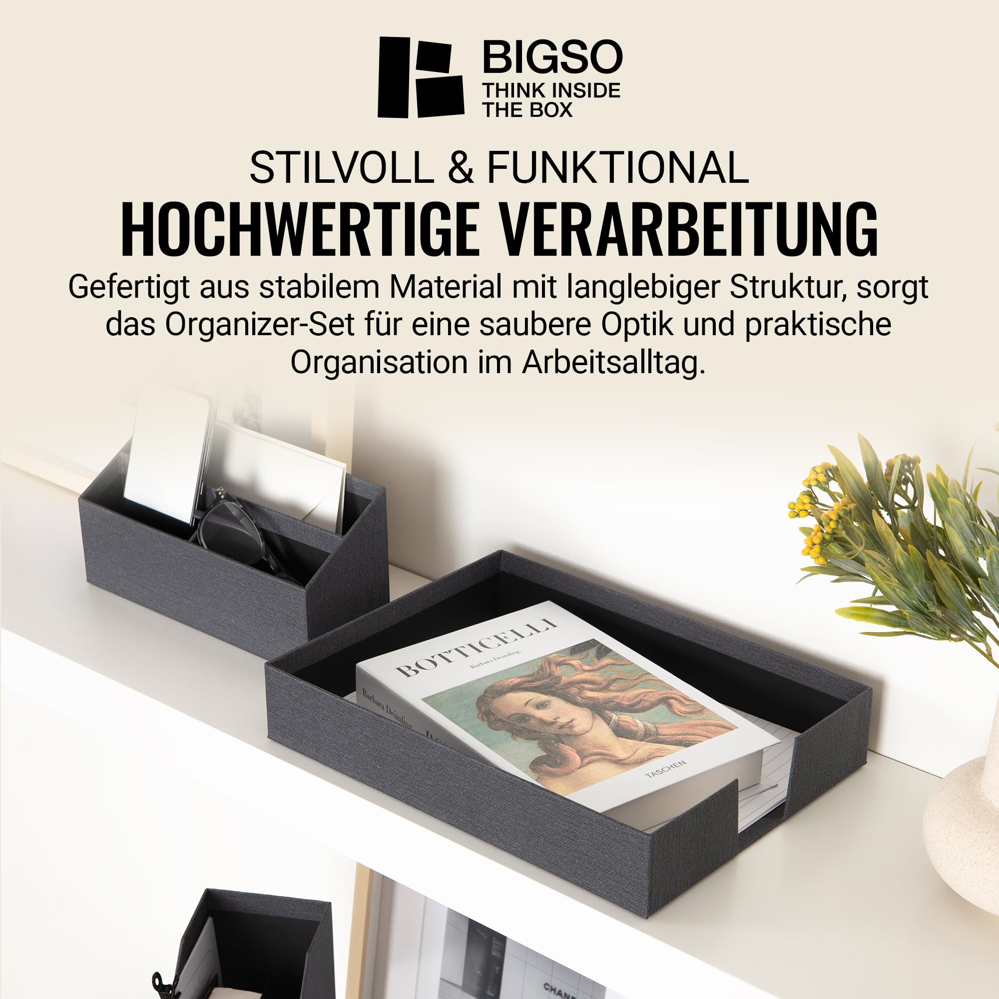 BIGSO HUGO 4-teiliges Schreibtisch Set mit 1 Stehsammler, 1 Stifthalter, 1 Sortierkasten und 1 Box ohne Deckel – Ordnungssystem aus Faserplatte und Papier in Leinenoptik – schwarz