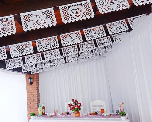Miniatura 9 de Paquete de 5 decoraciones de boda mexicanas, 50 paneles de banderas de papel picado blanco para bodas, cenas de ensayo, 60 pies en total mexicano