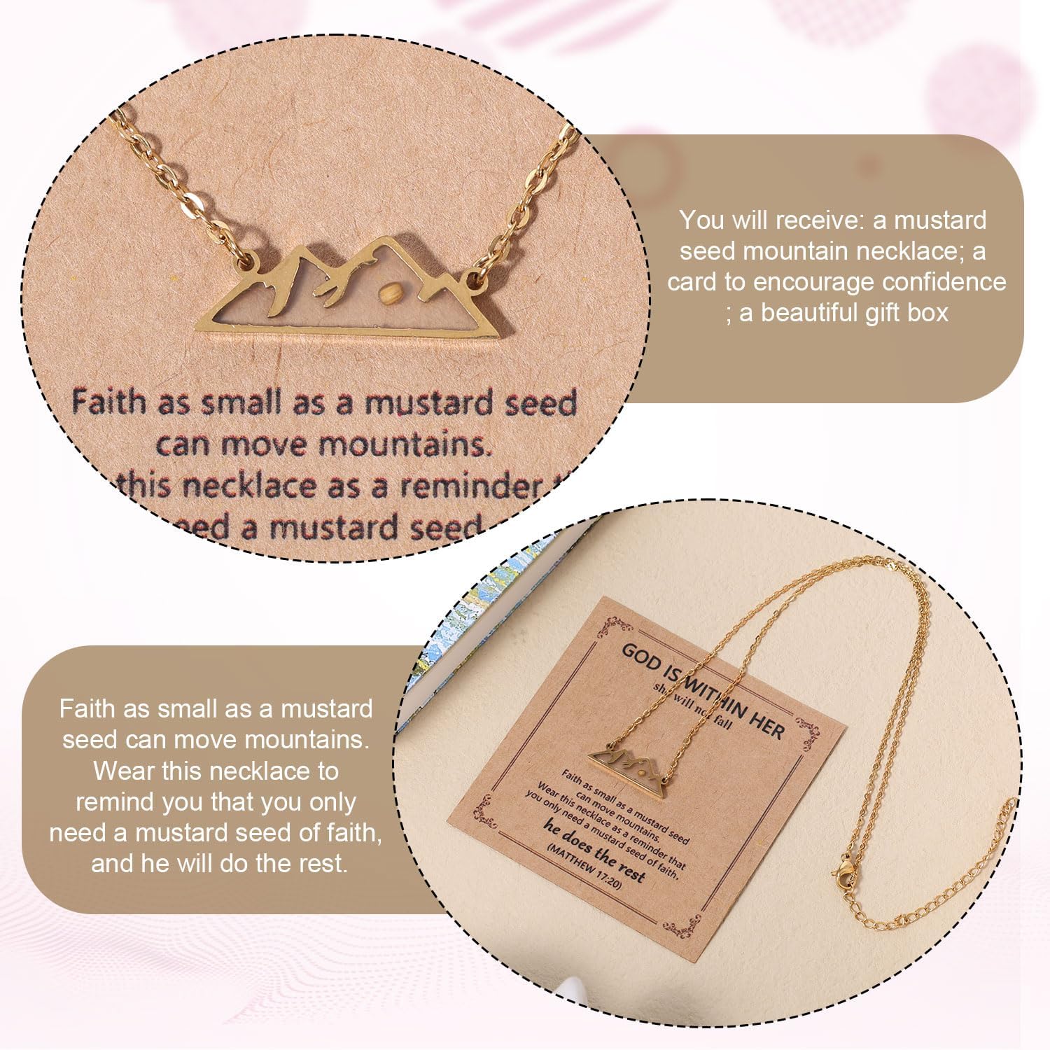 Mustard Seed Necklace, Gold Mountain Shaped Faith Necklace with Motivation Card Mustard Seed Pendant Mustard Seed Religious Jewelry Perfect Christian First Communion Confirmation Gifts for Women - Image 7