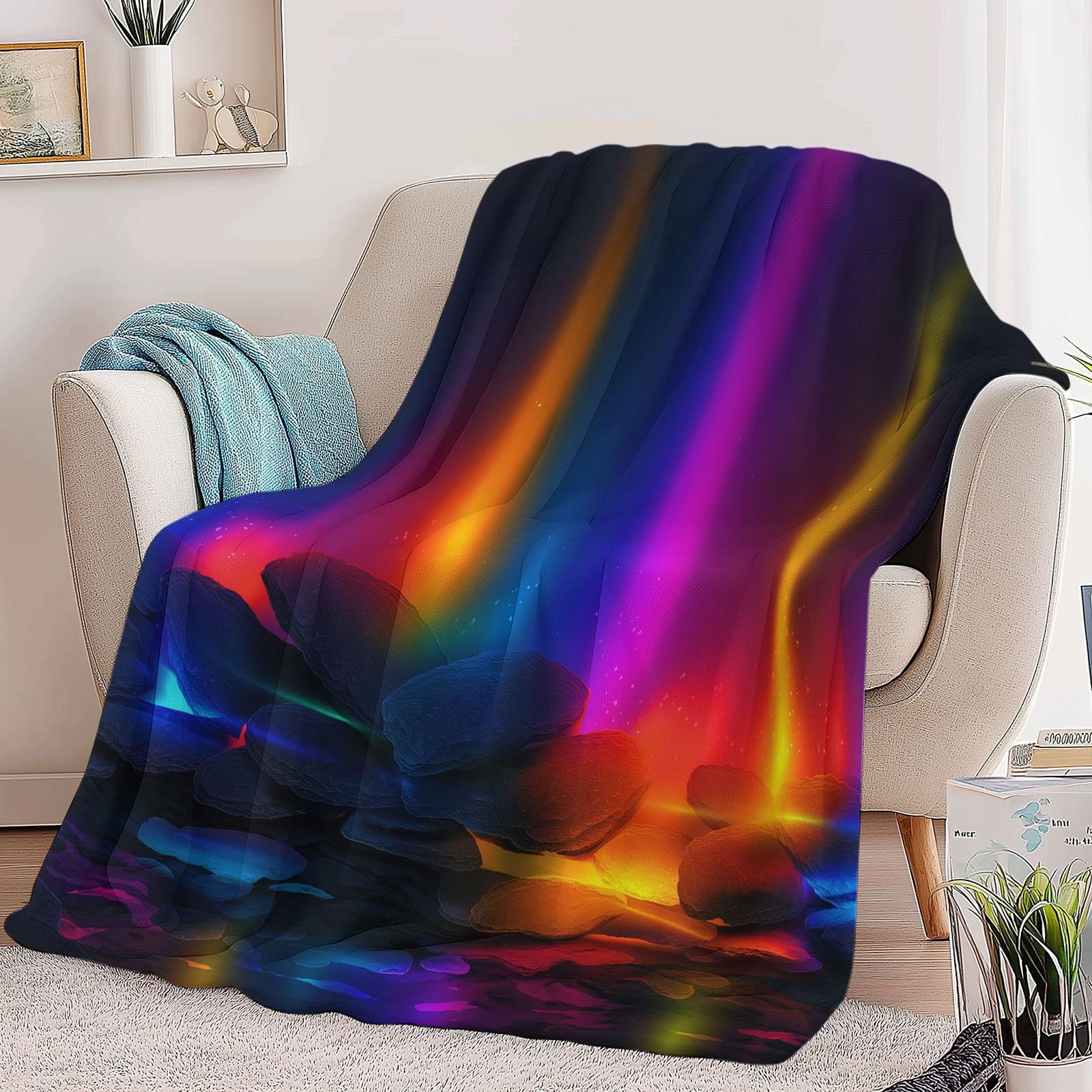 Coperta Plaid Pile in Flanella 180x220 cm Coperta Pile Piccola Luci Al Neon Pietre, Morbida Soffice Calda Coperte per Divano Singolo Matrimoniale Letto Colorato
