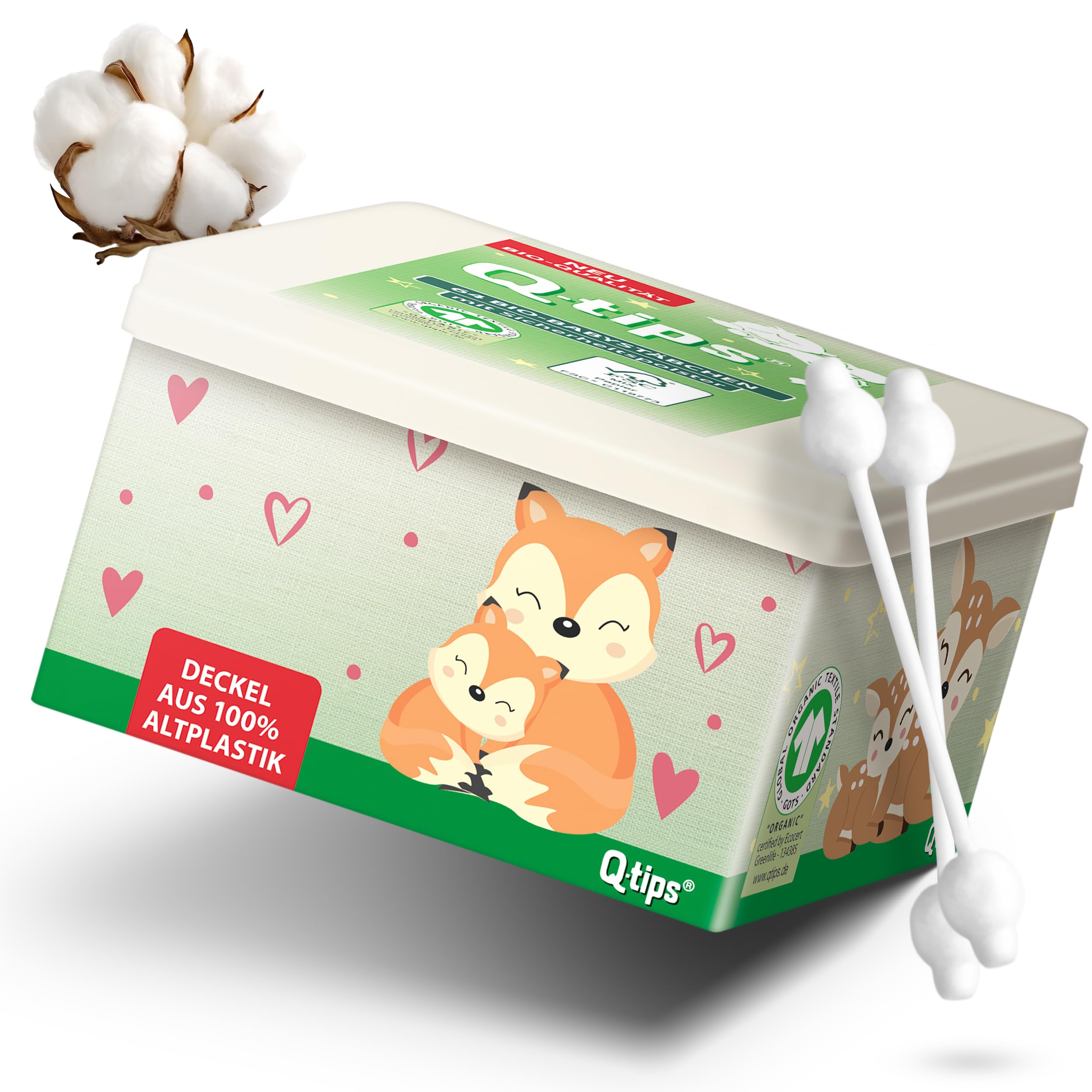 Q-tips Bio Baby-Wattestäbchen, in praktischer Würfelbox, Vorteilspack (12x 64 Stück), für die sanfte Reinigung von Kinderohren