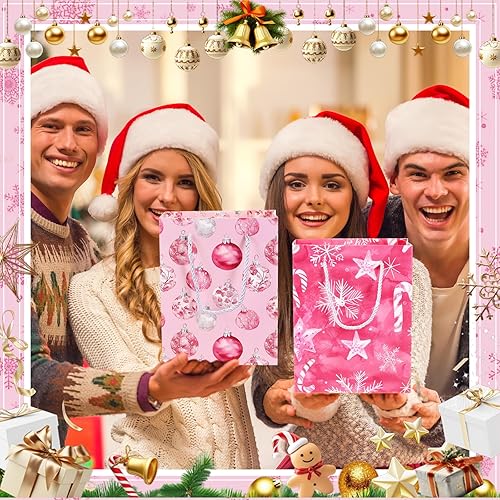 Miniatura 8 de Hillban 12 bolsas de regalo medianas de Navidad con asas de cinta, bolsas a granel de Navidad con impresiones de Navidad, bolsas de golosinas de