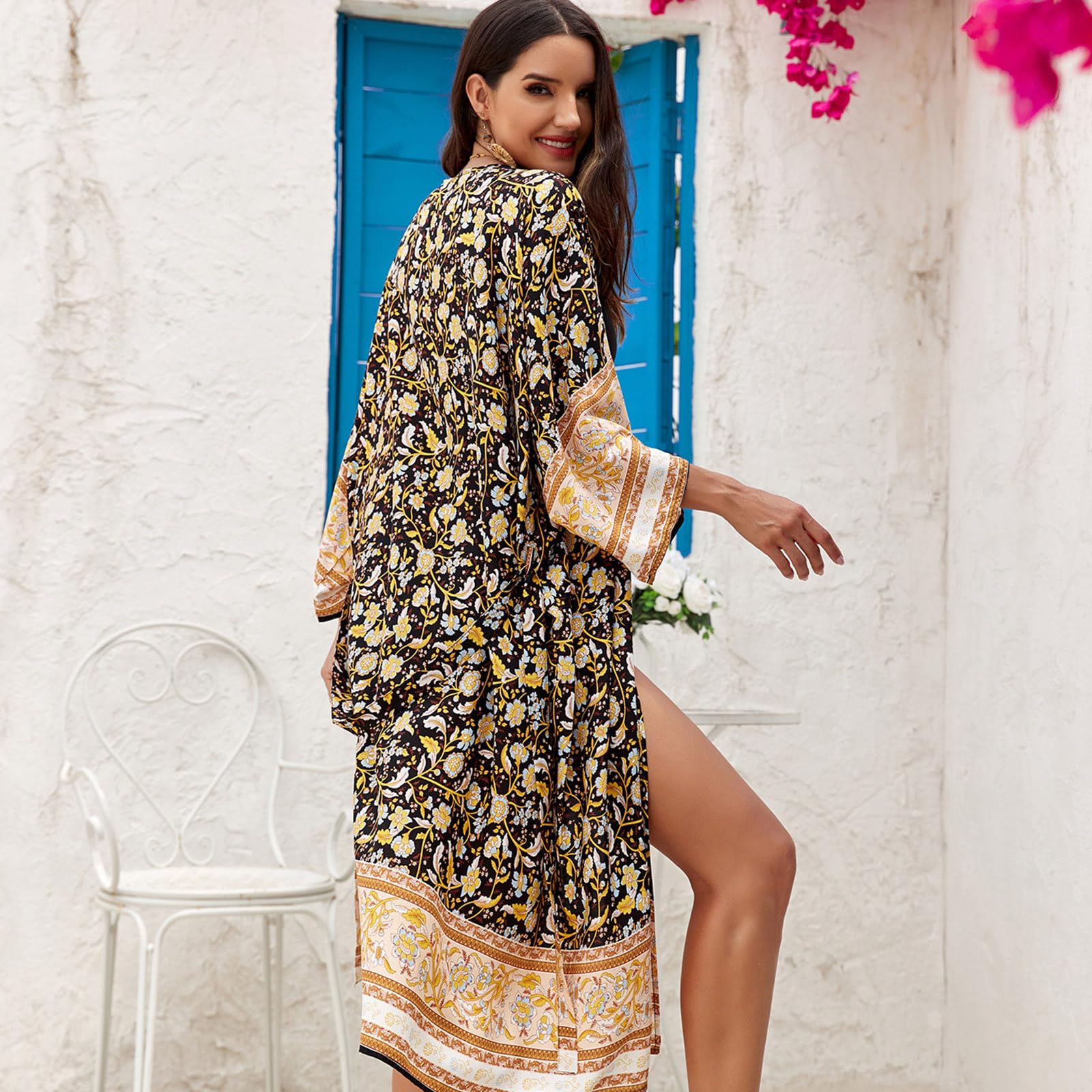 Cárdigan tipo kimono para mujer, con parte delantera abierta, para playa, vacaciones, traje de baño con protección solar, vestido de chal con cinturón