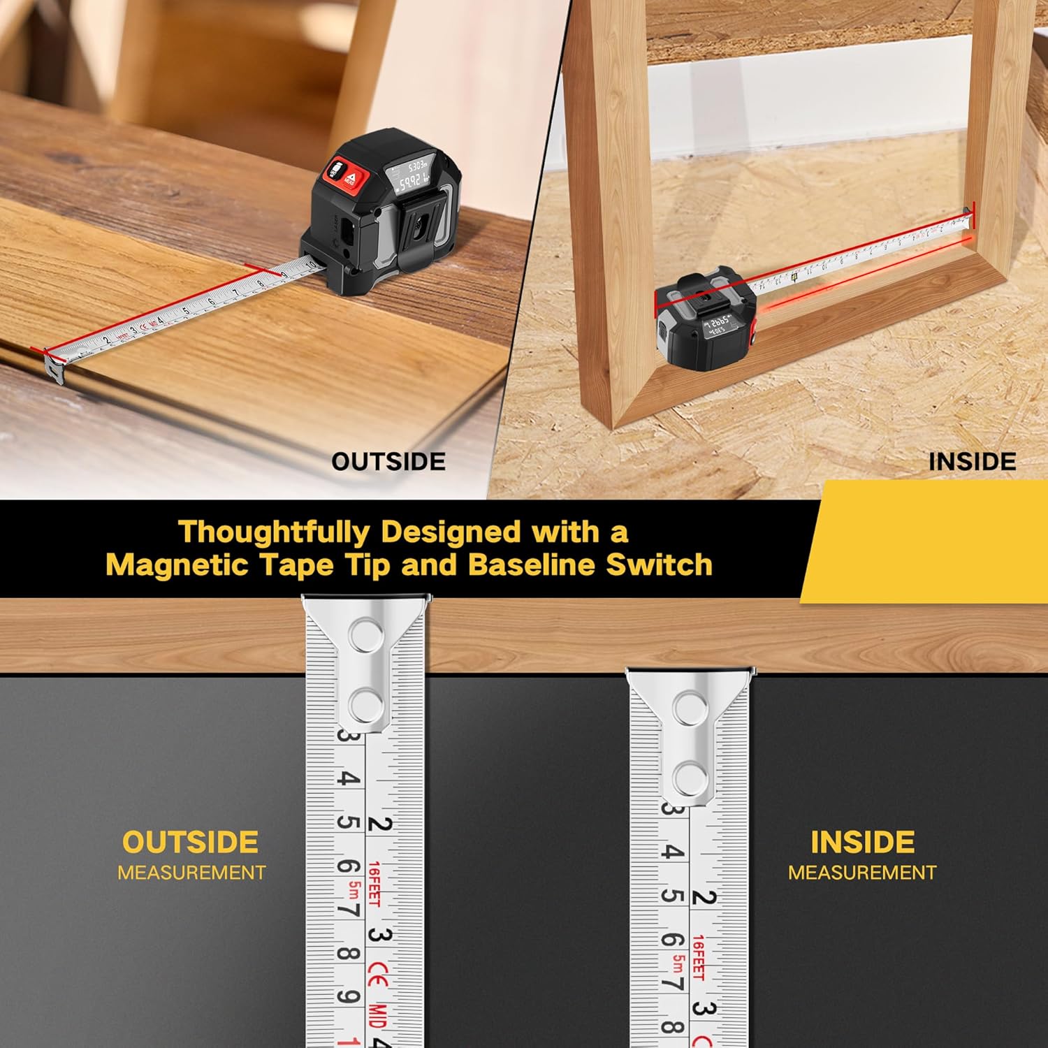 2 in 1 Laser Tape Measure, 130Ft Rechargeable Laser Measurement Tool & 16Ft Measuring Tape with Magnetic Hook, Flexible Baseline Switching, Area, Volume, Ft/Ft+in/in/M Unit