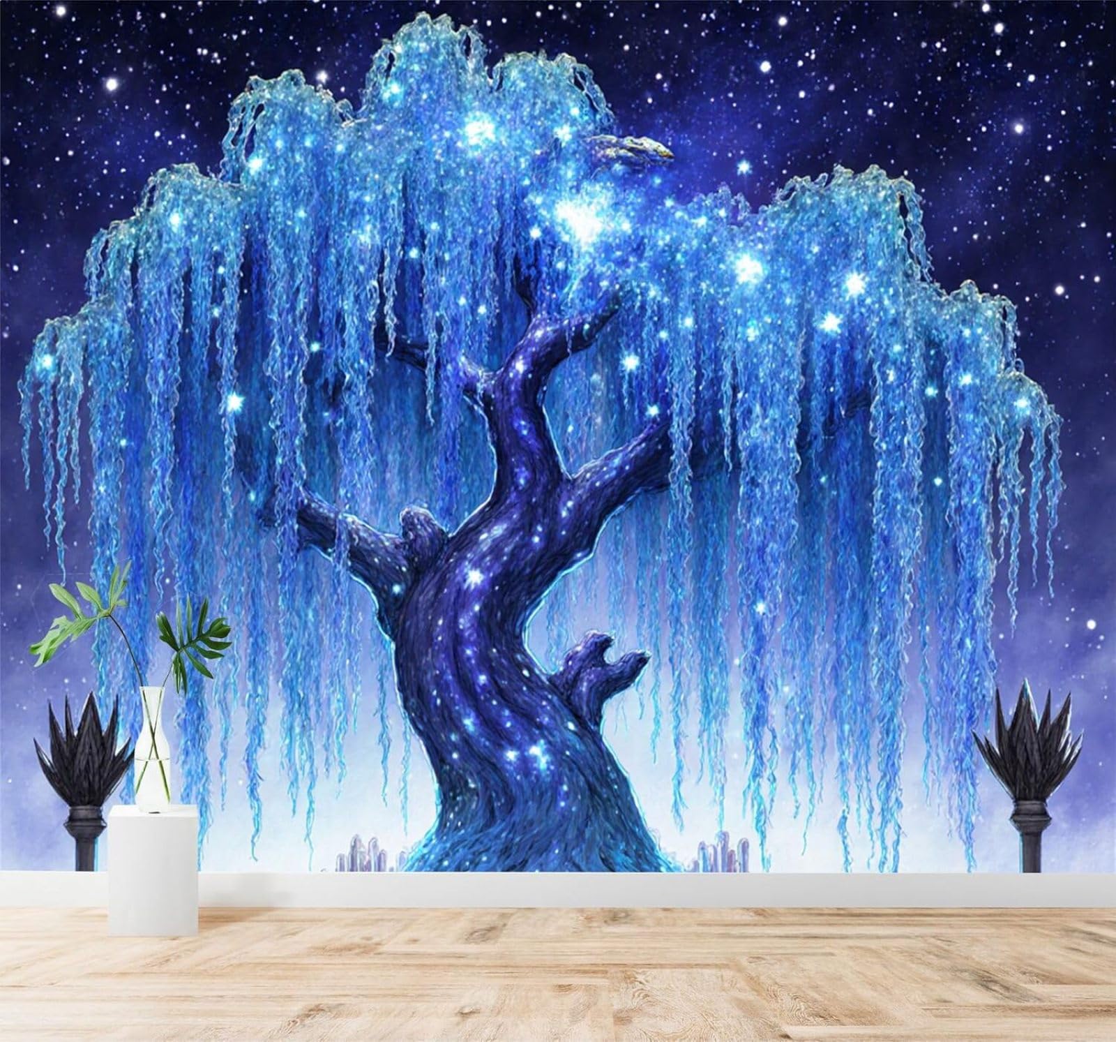 Xlming 350Cm×256Cm(B×H) Fantasy Blue Trees Starry Sky Universe 3D Wallpaper Silky Texture Home Study Office Grey Dining Room Sofa Bedroom Living Room Tv Backdrop-350Cm×256Cm
