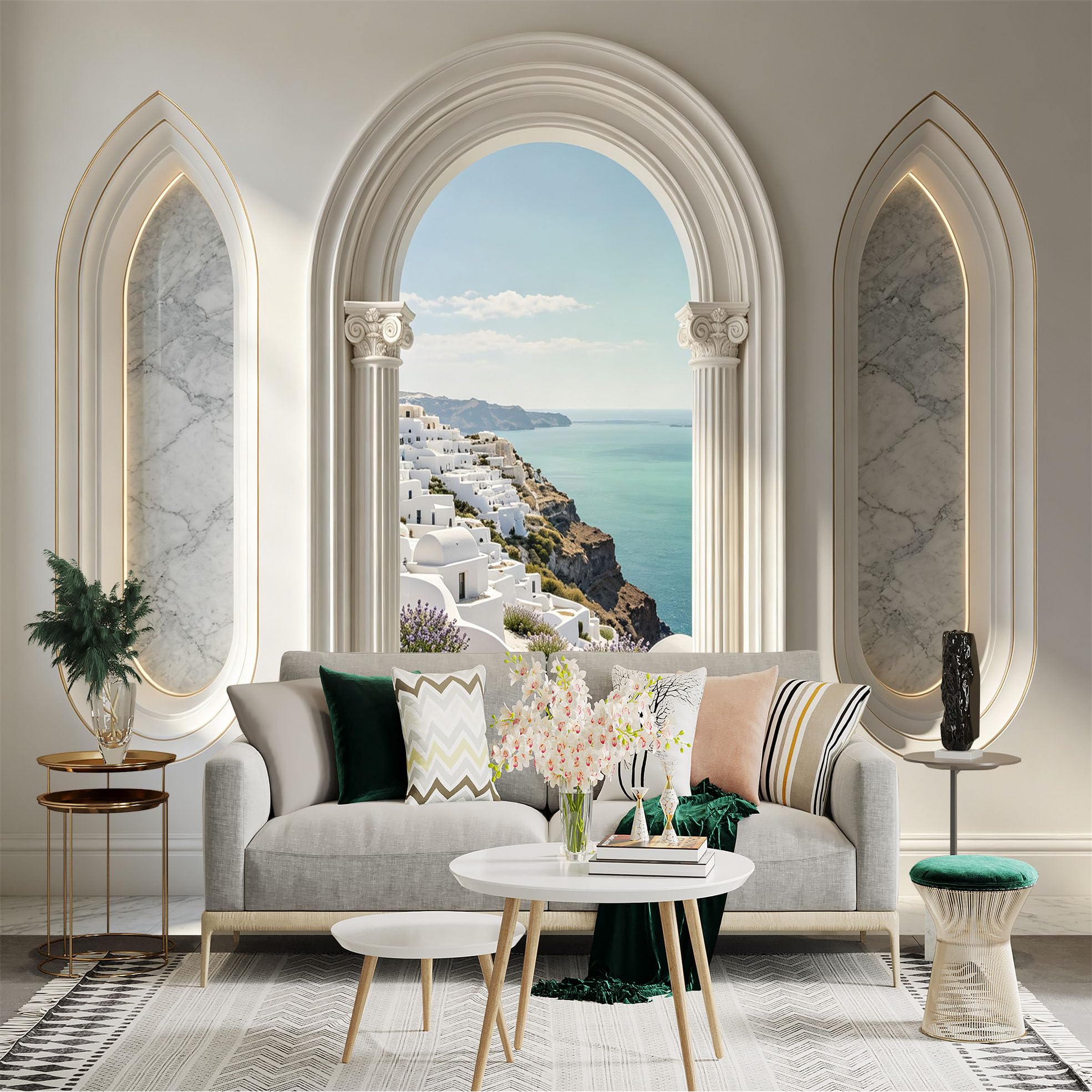 Custom Size Wall Sticker Mural， Coastal Cliff View with White Village and Ocean Archway， for wall Decoration， peelandstick wall Decals.
