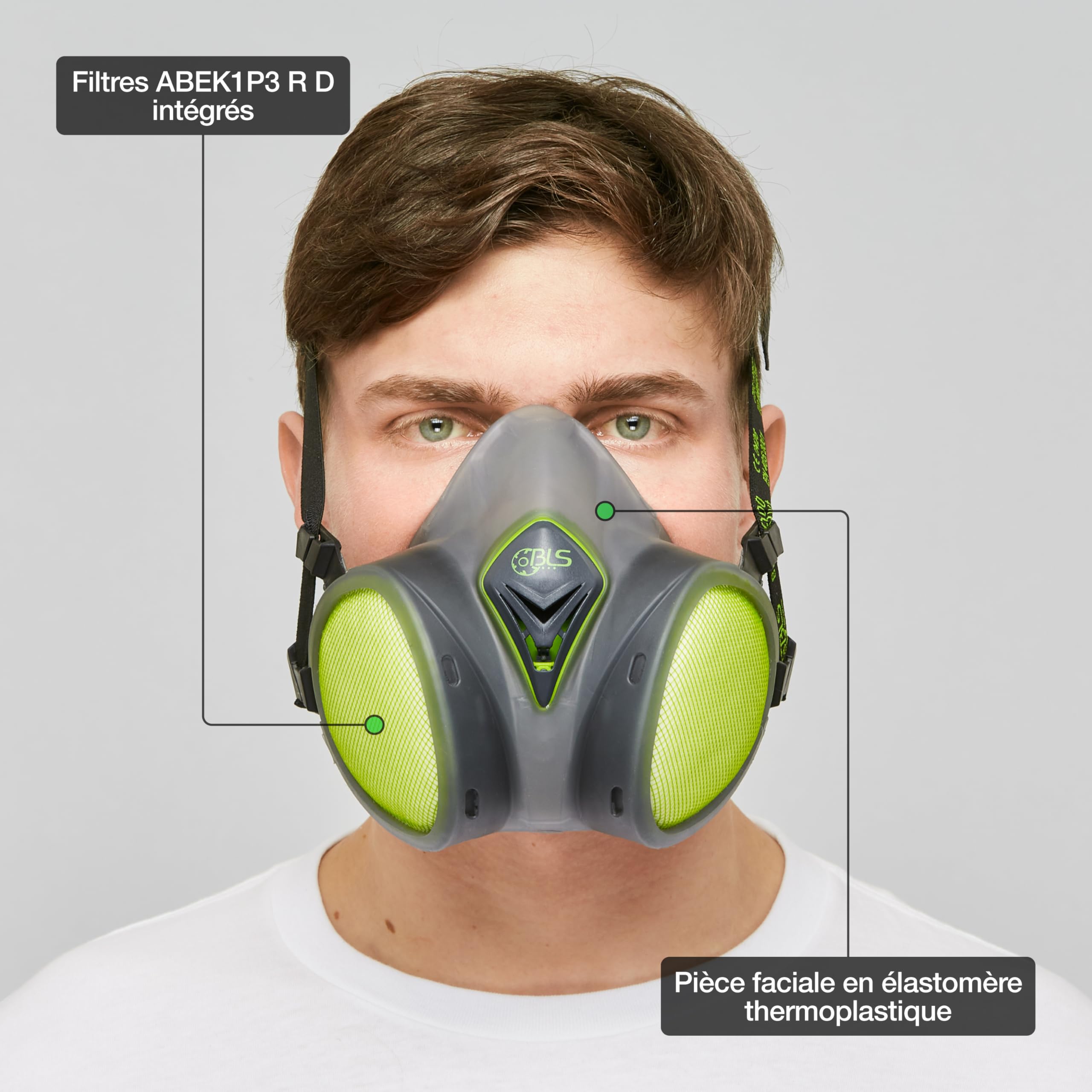 BLS 8400next ABEK1P3 R D Demi-masque de Protection en TPE avec Filtres A2P3 Intégrés, Prêt à l'Emploi et Sans Entretien. Pour Gaz/Vapeurs, Poussières Toxiques, Mauvaises Odeurs, Acides et Ammoniac