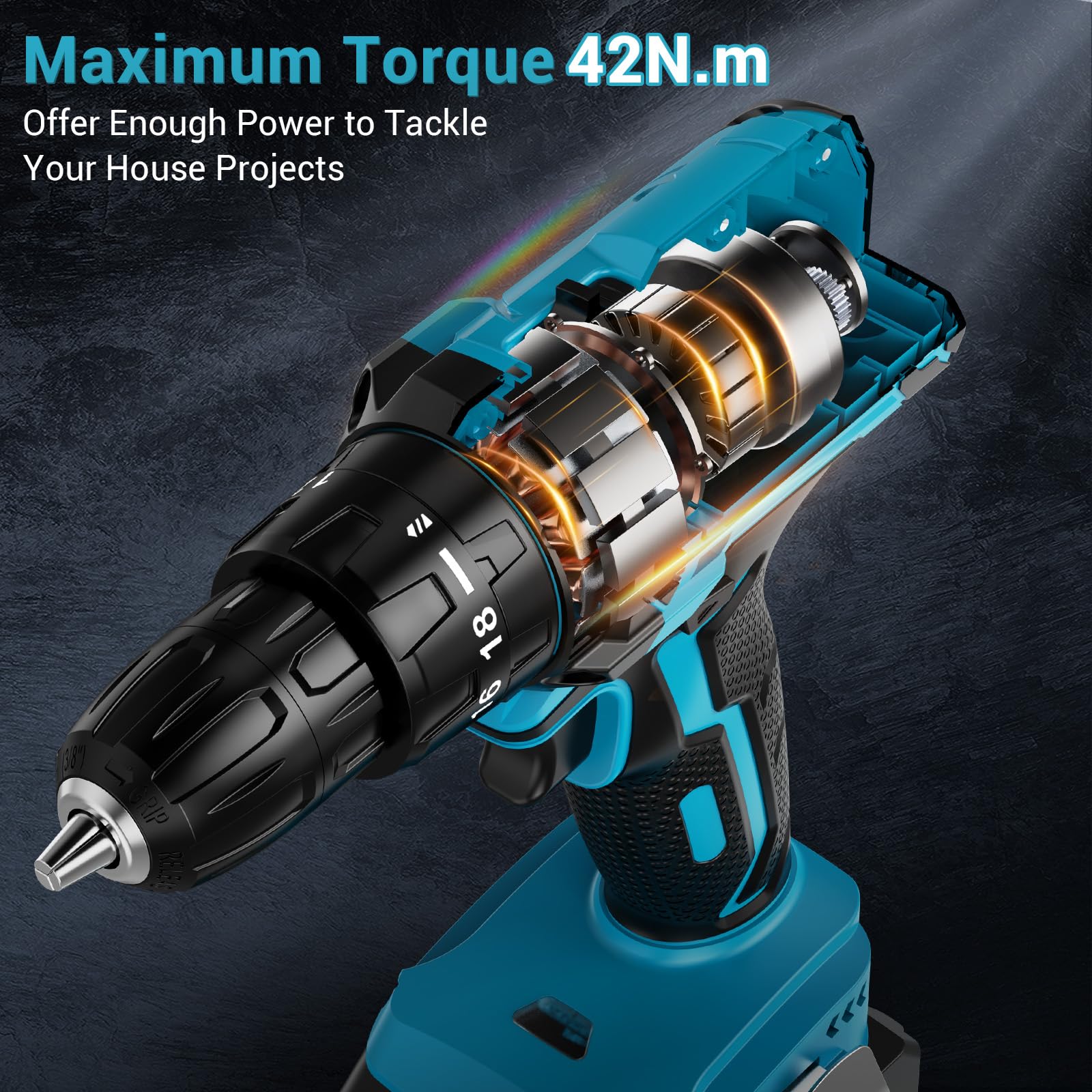Taladro Atornillador Bateria 21V, LEEIKOO Atornillador Electrico con 2.0Ah Batería, 42Nm, 18+1 Ajuste de Par, 20 Accesorios, 2 Velocidad, LED Luz Para Hogar, Bricolaje, Azul