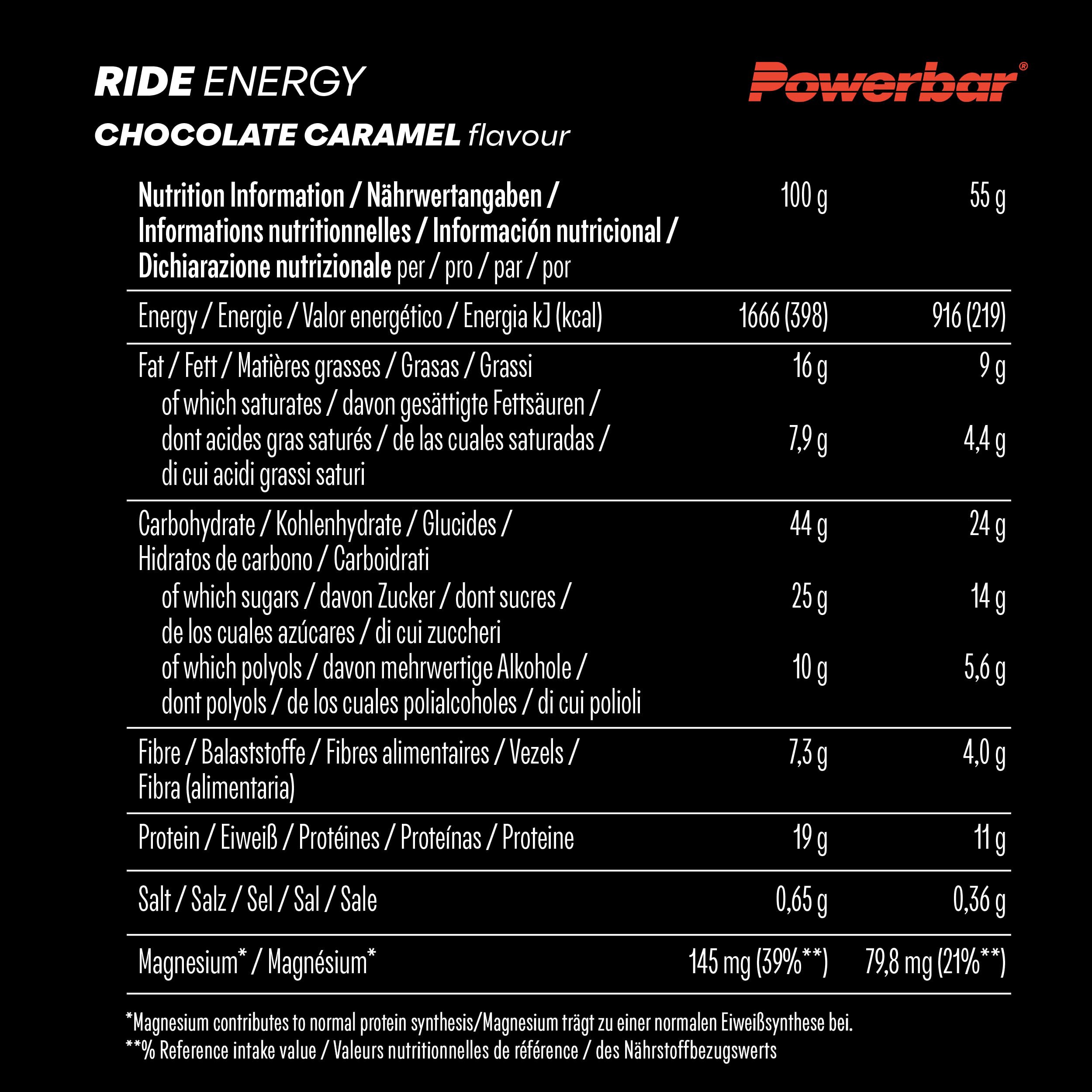 PowerBar Ride Energy Chocolate Caramel 18x55g - Barra Proteica di Carboidrati + Magnesio