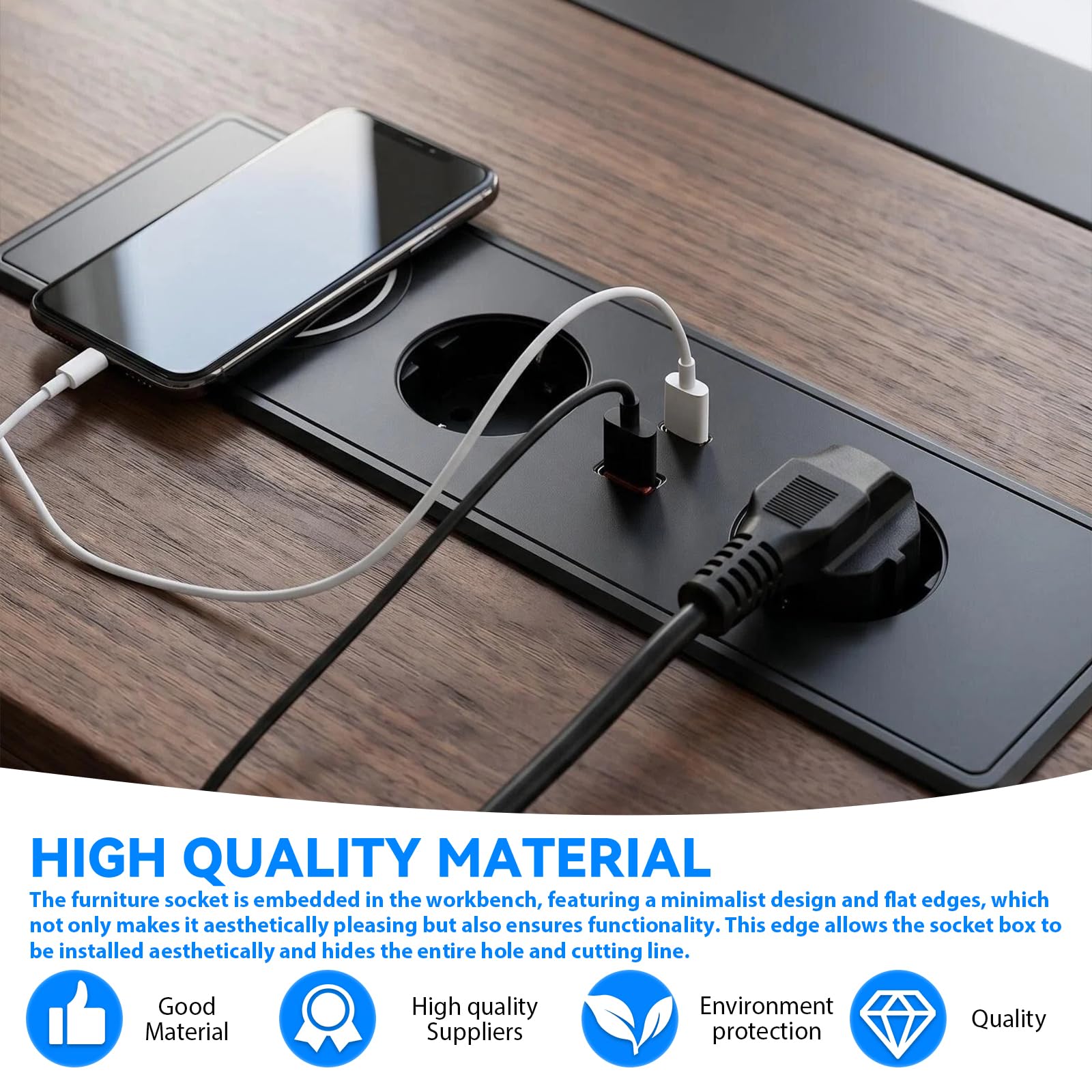 Wysuwane gniazdo wtykowe z 2 gniazdami USB C PD, 20 W i 15 W, bezprzewodowe ładowanie, do zabudowy, do biura, kuchni, kolor czarny, kabel 1,5 m