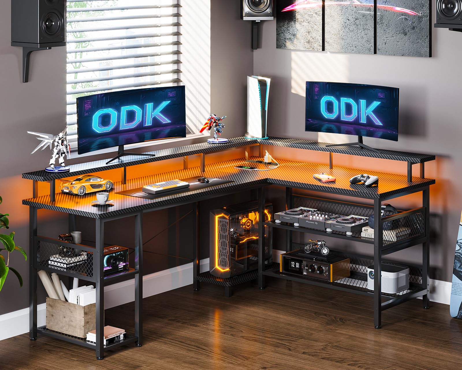 ODK Scrivania Gaming con LED, 168×120cm, Carbonio nero | reversibile, con scaffale e prese, scrivania angolare con vano portaoggetti e spazio