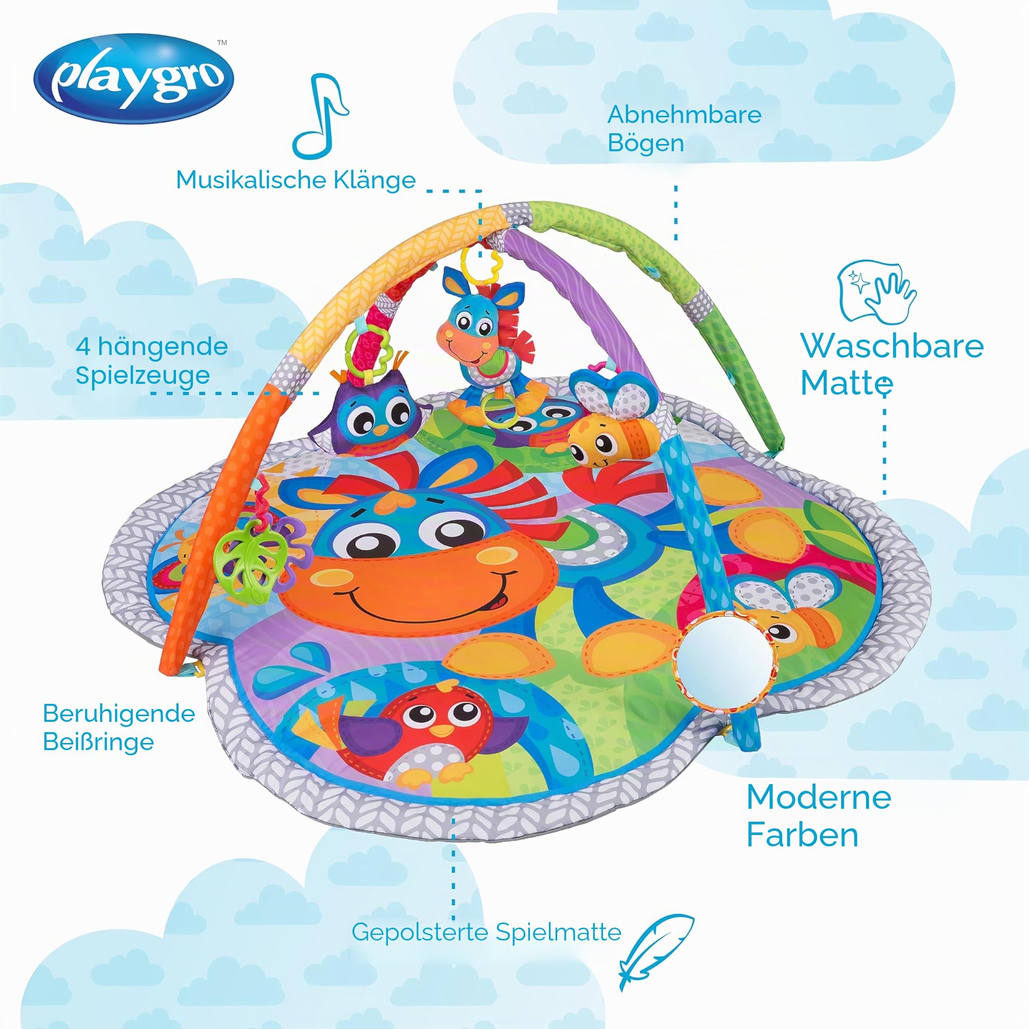 Playgro Erlebnis Spiel- und Krabbeldecke Pferd Klipp Klapp, Mit Musik, Ab 0 Monaten, Mehrfarbig, 40203