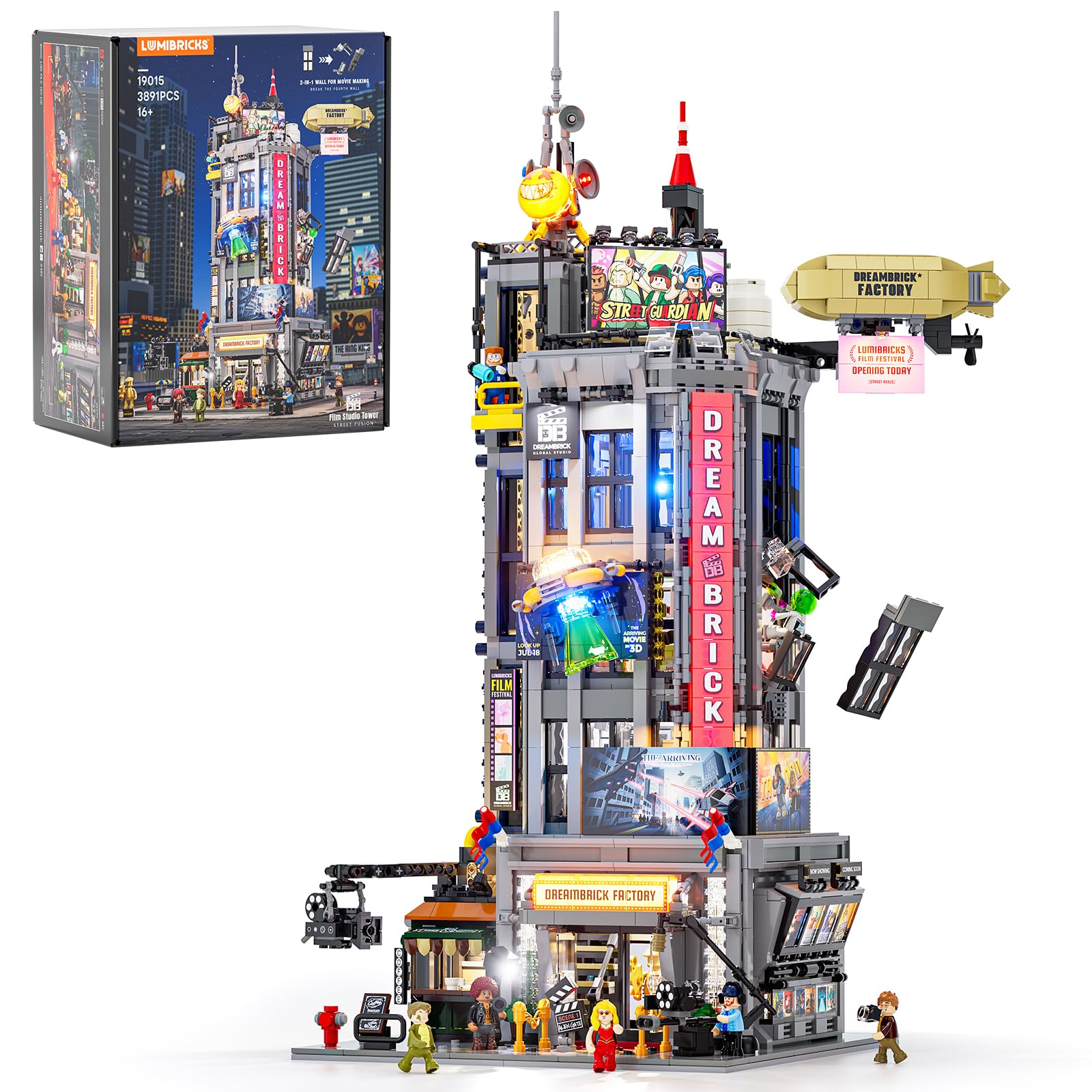 Lumibricks Kit de construcción de torre de 3891 piezas, modular iluminado para adultos, 16+, estudio de cine, torre con 8 minifiguras, ascensor funcional, estudio y pantalla de luz