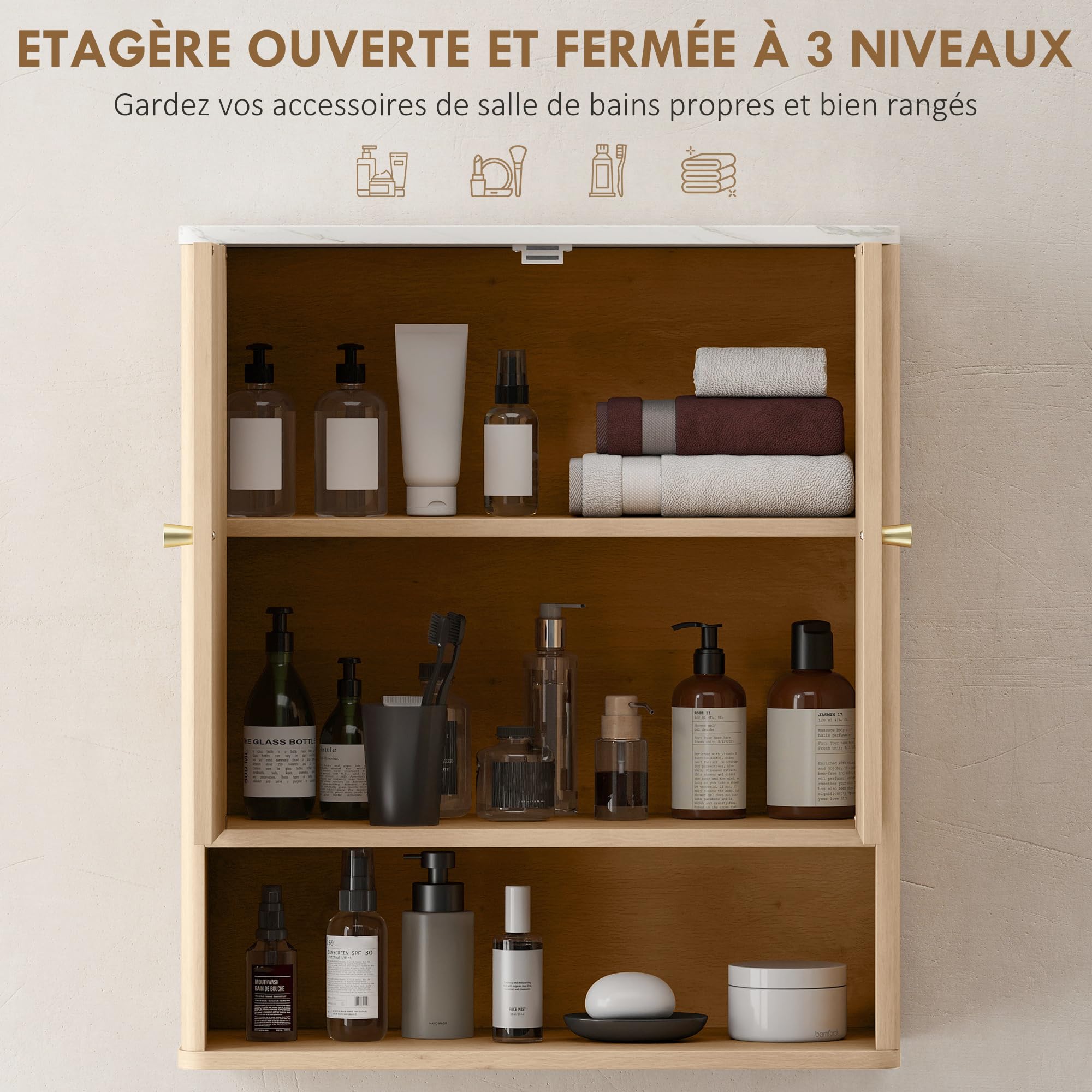 HOMCOM Armoire Murale de Salle de Bain, Meuble de Rangement avec Compartiment Ouvert et étagère réglable, Meuble Haut de Salle de Bain Portes à Motifs en Forme de sablier, 60 x 18 x 70 cm, chêne