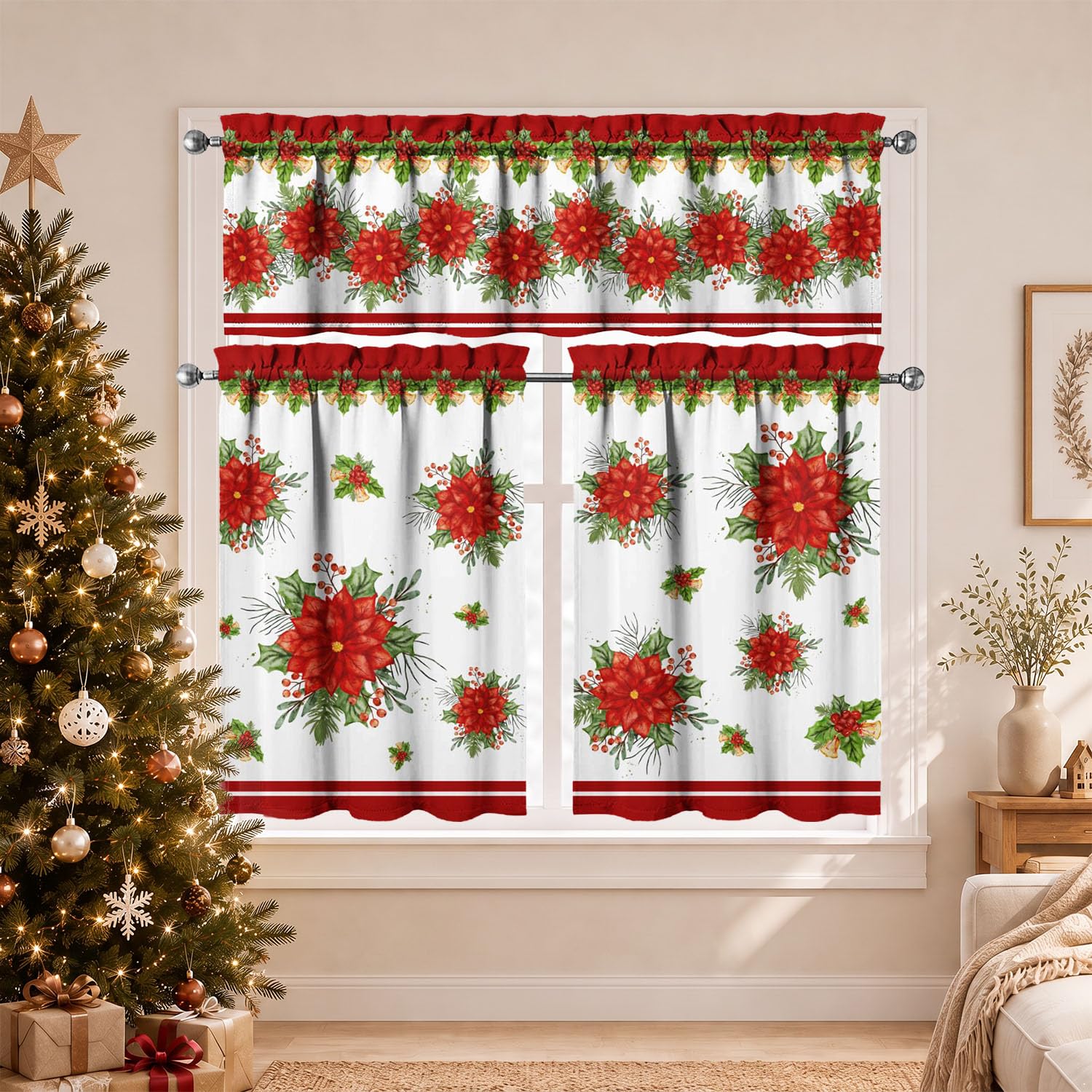 Christmas Flower Kitchen Curtains 3 Piece Set Tier Valance