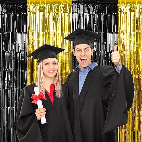 Miniatura 2 de Paquete de 3 cortinas de flecos de aluminio de 3.3 pies x 6.6 pies, decoración de telón de fondo de cortina de oropel metálico negro dorado y dorado