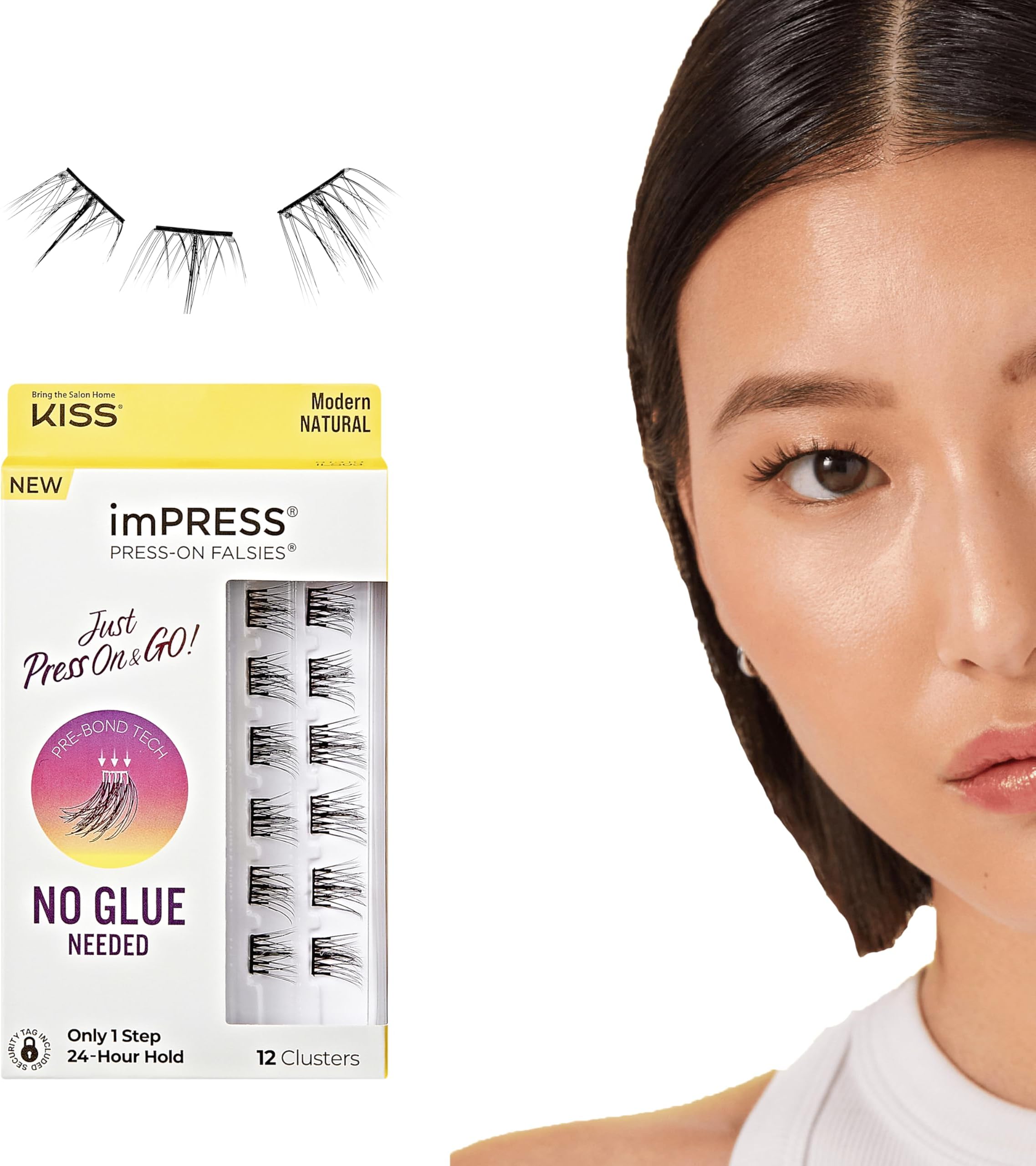 KISS imPRESS Falsies Press On Self Adhesive Eyelashes, 12mm-14mm Natural Volume Press On Lashes, Black, No Glue Needed, Invisible Band, 12 Lash Clusters - Modern