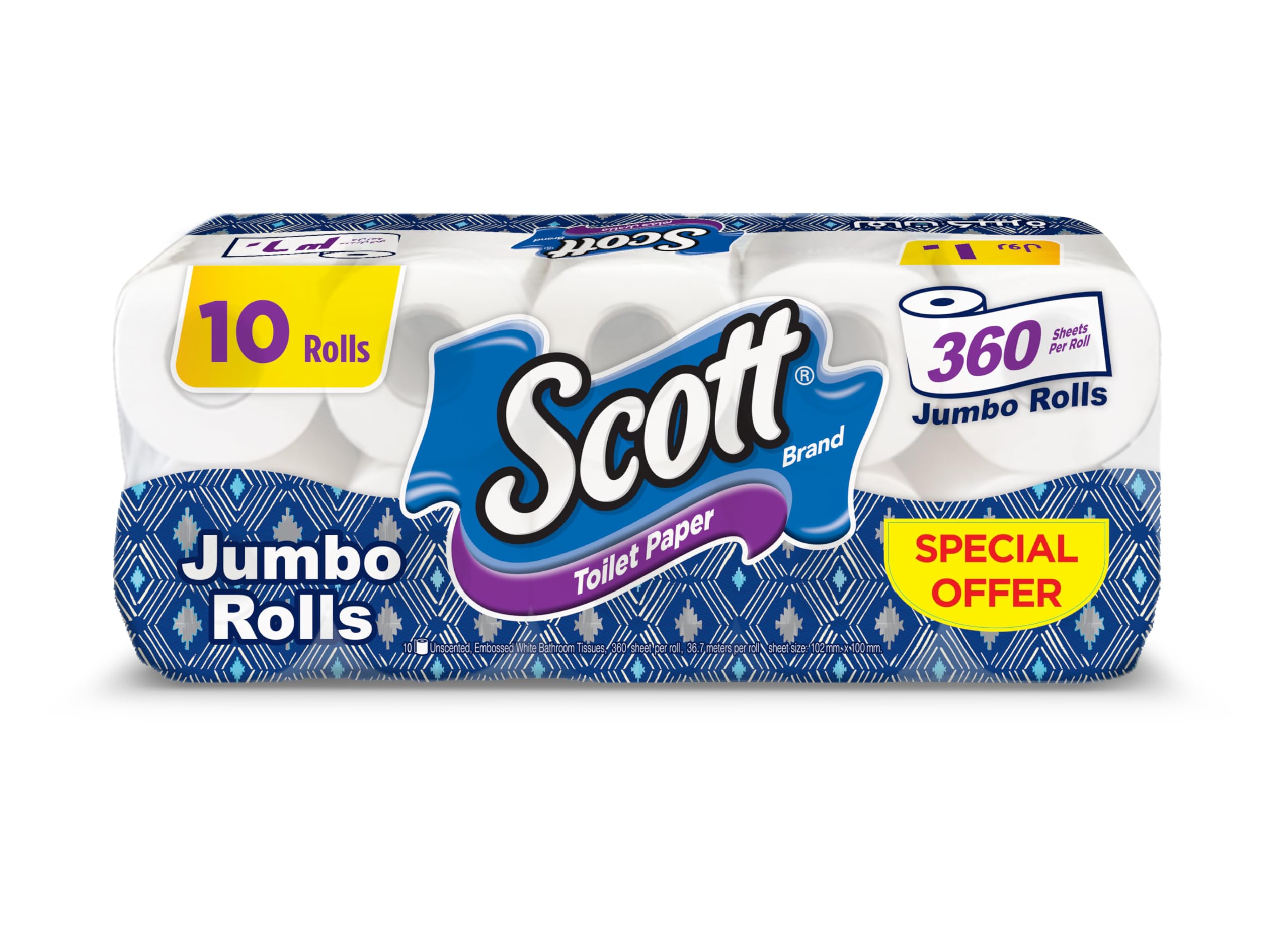 Scott Embossed White Toilet Paper, Jumbo Roll, 2ply 360 Sheets, 10 Rolls