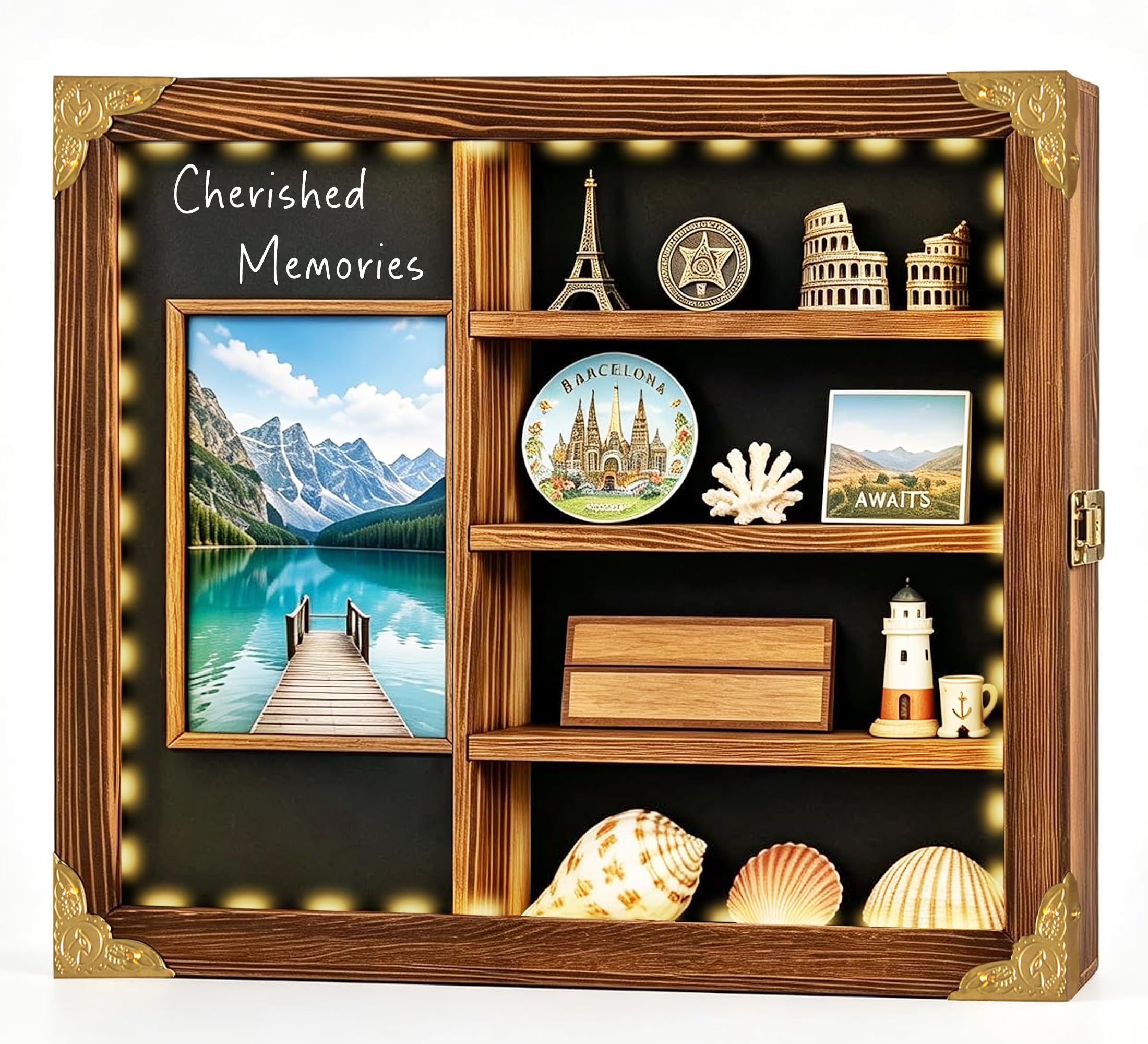 Large Lighted Shadow Box Display Case with Shelves, Wood