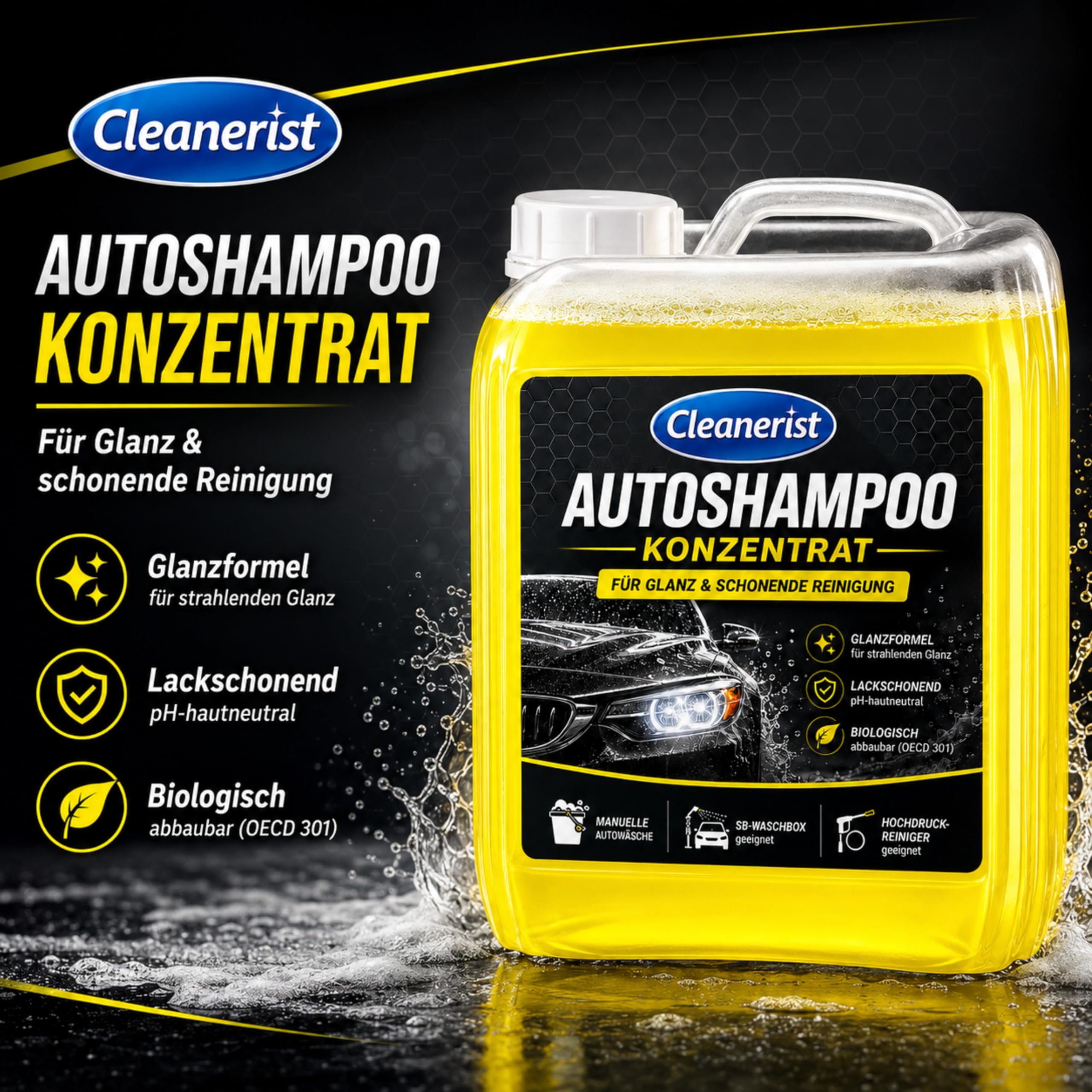 Cleanerist | 5L Autoshampoo Konzentrat für Glanz, manuelle Autowäsche & SB-Waschbox, pH-hautneutraler Autoreiniger für Lack, Hochdruckreiniger, PKW & LKW, gelbes Shampoo