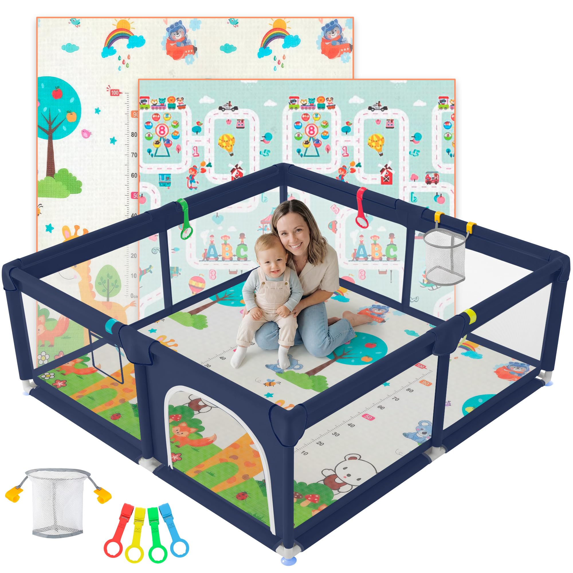 JUPPLIES Parque Infantil Bebe 120x120cm + Alfombra Bebe + Agarraderas + Canasta – Corralito Bebe con Malla Transpirable – Parque de Juegos Bebe Plegable con Puerta Lateral – Playpen Bebe (Azul)