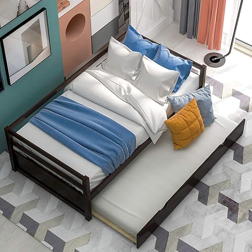 Miniatura 4 de Merax Sofá cama con nido, marco de cama de madera maciza para adolescentes y adultos, fácil montaje, no necesita somier, color espresso