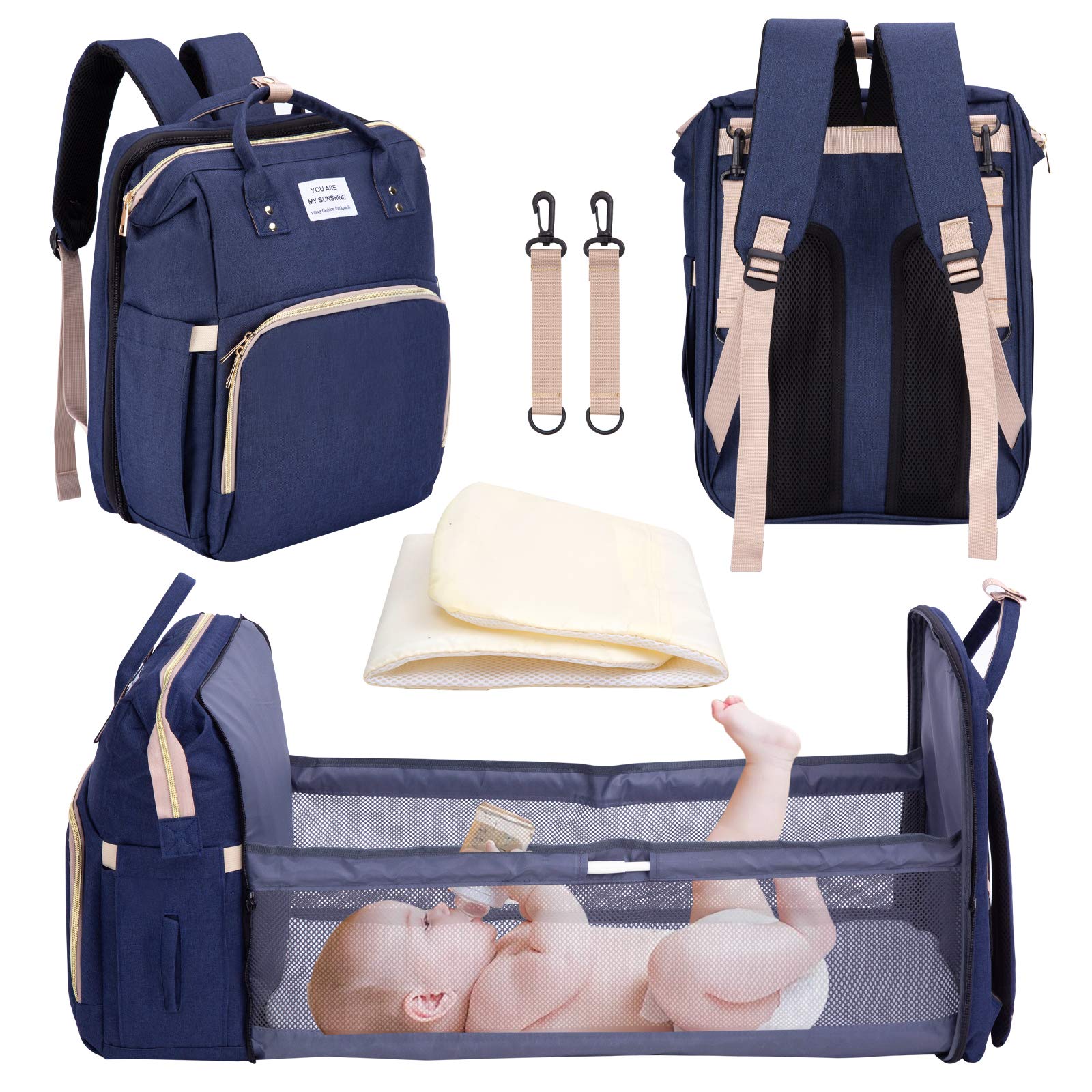 nuosife 3 in 1 Diaper Bag Backpack with Changing Station, Large Capacity Mummy Bag with Foldable Crib Bed, Baby Bag with Travel Bassinet, Portable Waterproof Multifunctional Diaper Bag (Navy Blue)