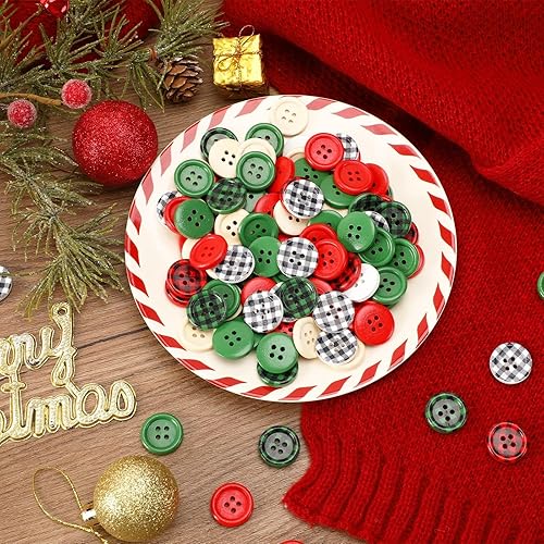 Miniatura 5 de JUNEBRUSHS 260 botones de madera a cuadros de búfalo de Navidad, 4 agujeros, botones redondos de madera para calcetines de Navidad, decoración de