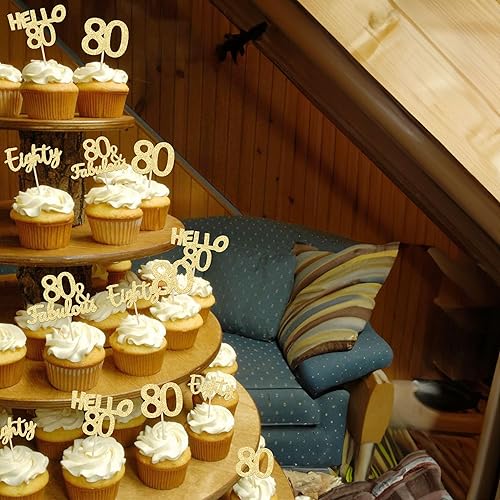 Miniatura 5 de Gyufise 24 piezas de adornos para cupcakes de 80 cumpleaños con purpurina dorada Hello 80, 80 y fabulosas selecciones para cupcakes, suministros de