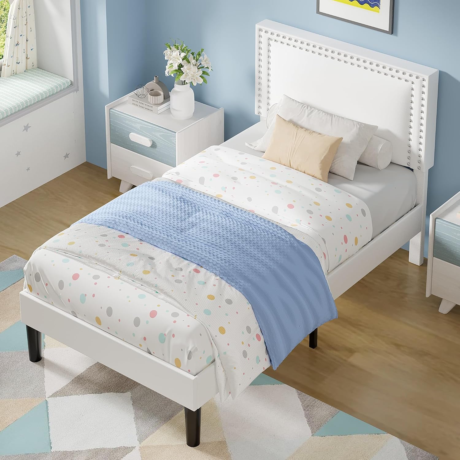 VECELO Twin Size Platform Bed Frame with Height Adjustable Upholstered Headboard, Modern Mattress Foundation,Strong Wood Slat Support, No Box Spring Needed, Easy Assembly,White