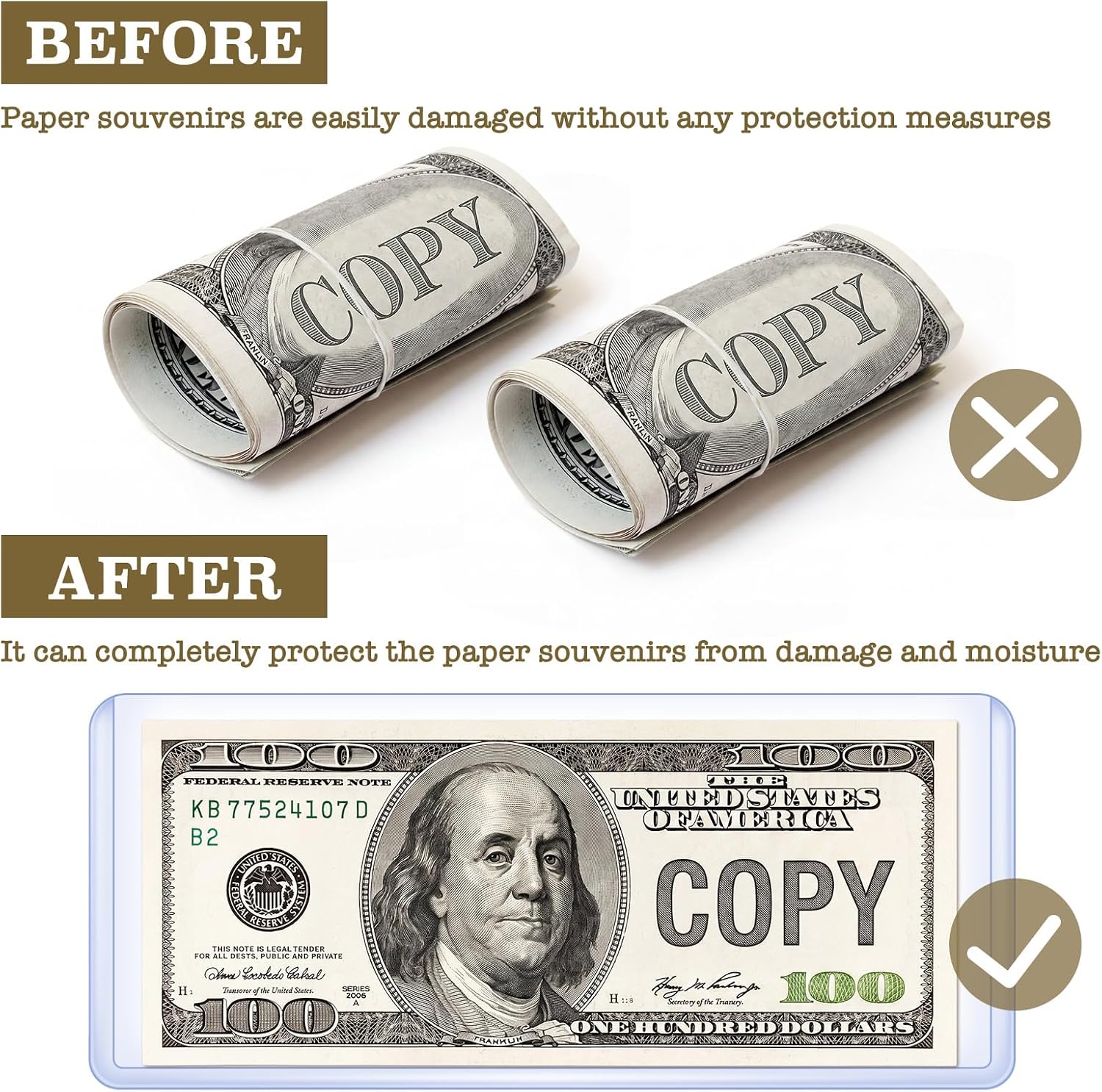 Yexiya 300 Pcs Dollar Bill Holders PVC Currency Holder Transparent Bill Sleeves Protector Case Supplies, 6.9 x 2.95 Inch (Blue)