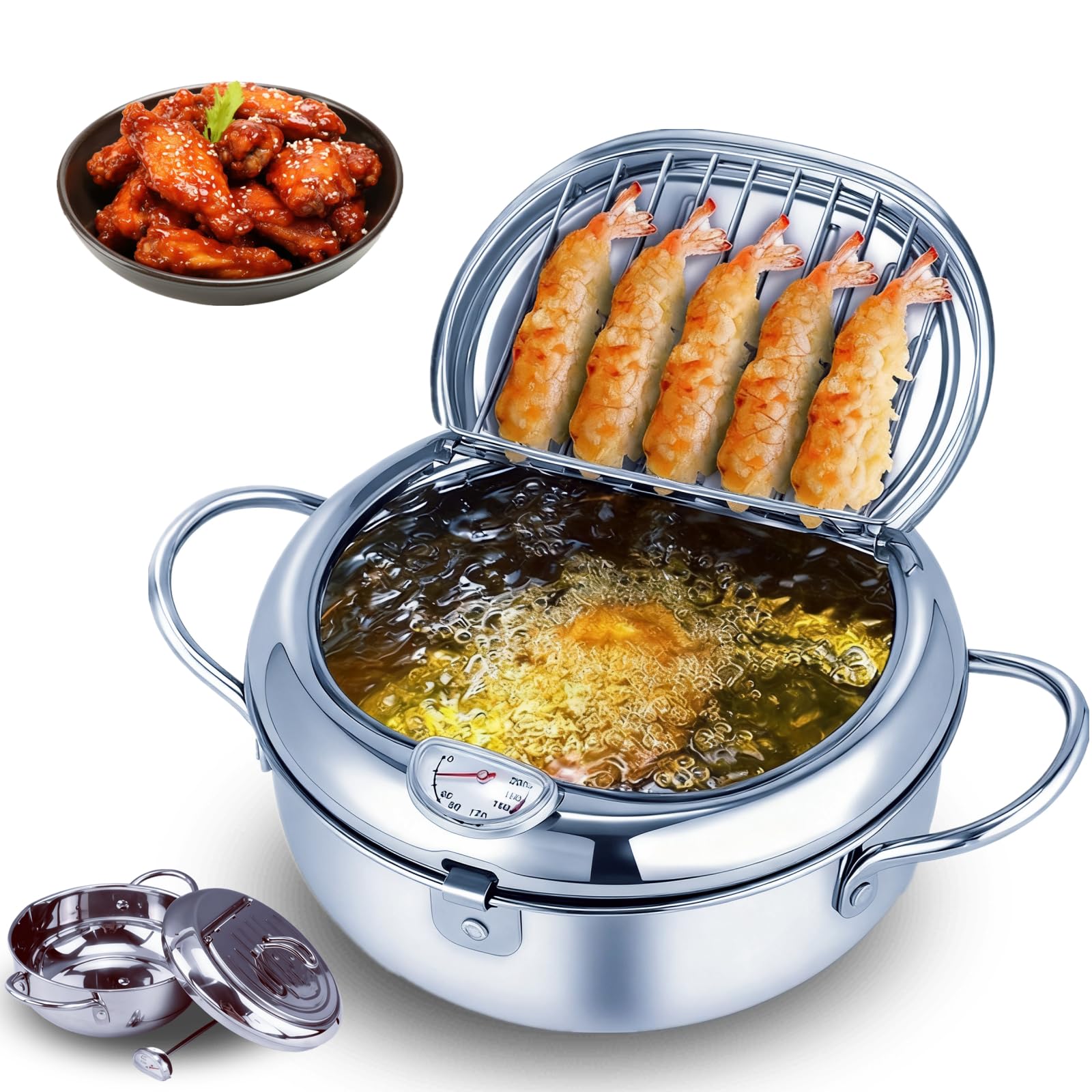 Qivine Friteuse Huile Japonaise Pot de Friteuse Tempura avec Thermomètre Tempura en Acier Inoxydable avec Grille de Vidange Amovible Pour Frire Poulet Français Poisson Sec (24 cm)