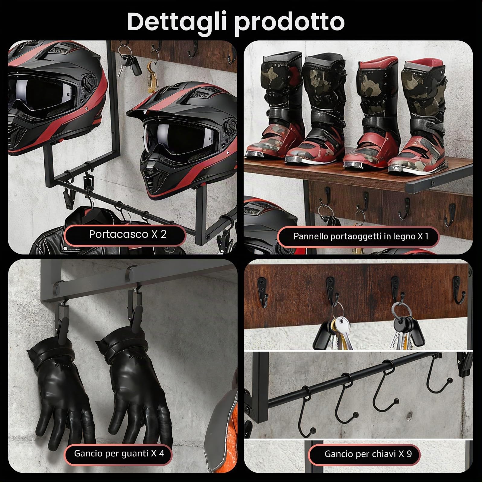Portacasco da Parete Appendi Casco Moto da, Espositore da Parete per Casco da Motocicletta,con Pannello di Legno monostrato,per Riporre Accessori per Moto
