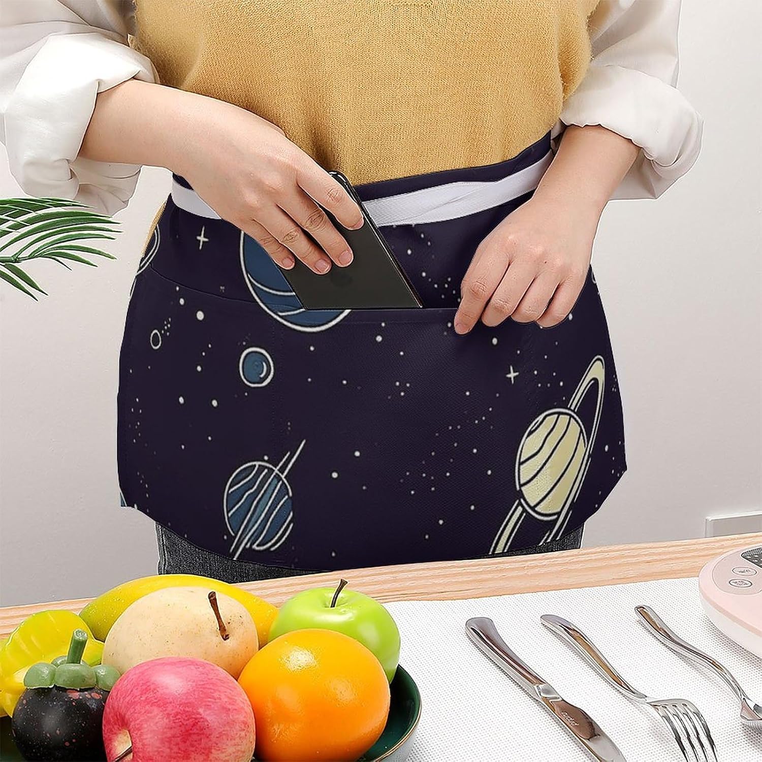 Space Planet Pattern Waist Apron with Pocket Waterdrop Resistant Kitchen Cooking Apron Half Bistro Server Aprons Adjustable Chef Aprons for Women Men, 23.6 X 11.8 Inch