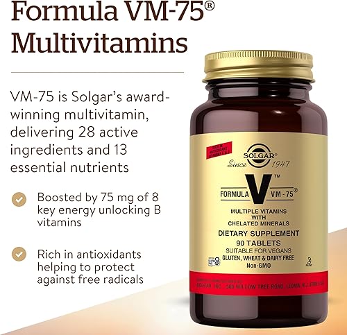 Miniatura 3 de Solgar Fórmula VM-75 90 comprimidos multivitamínico con minerales quelados vitamina A B6 B12 C D E biotina magnesio calcio hierro zinc vegano sin