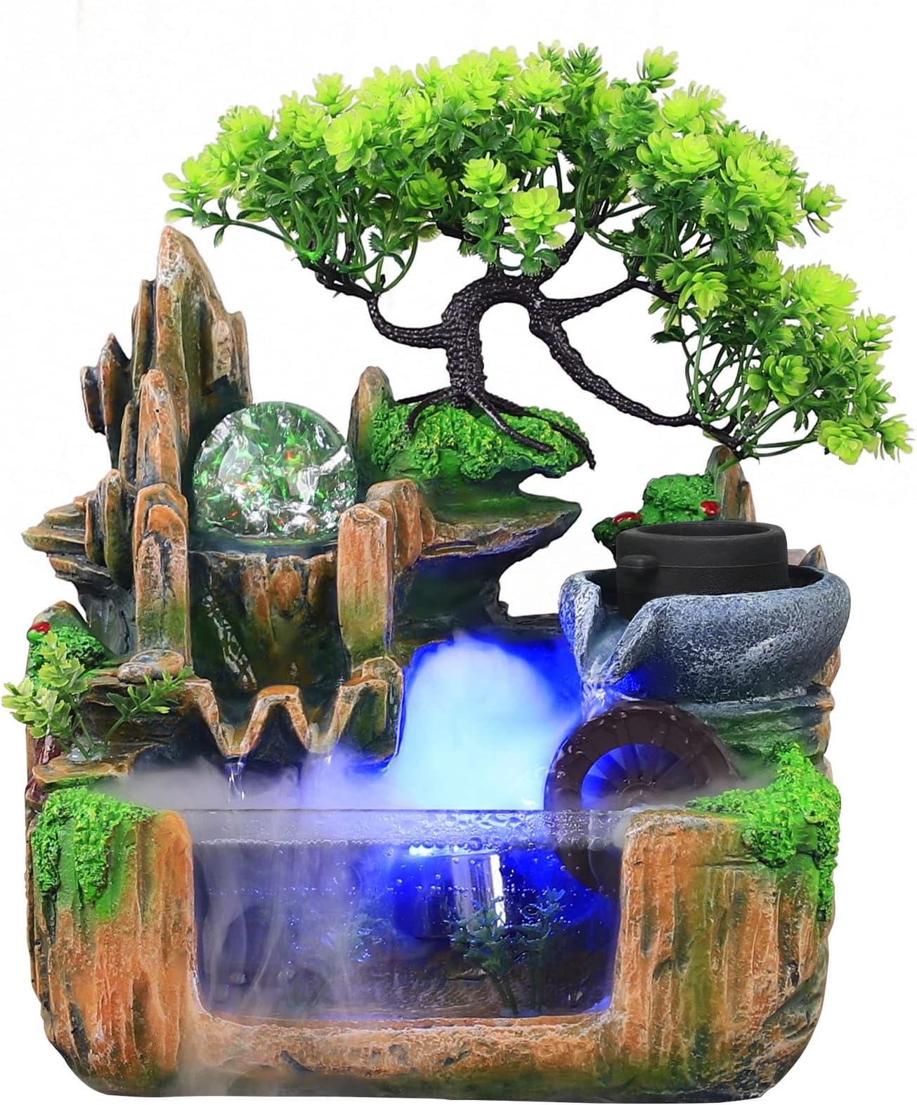 OUKANING Creative Rockery Water Fountain Desktop, Indoor Tree Landscape Fish Tank Waterfall with LED Light Crystal and Ball for Home Office Bedroom Desk Decoration