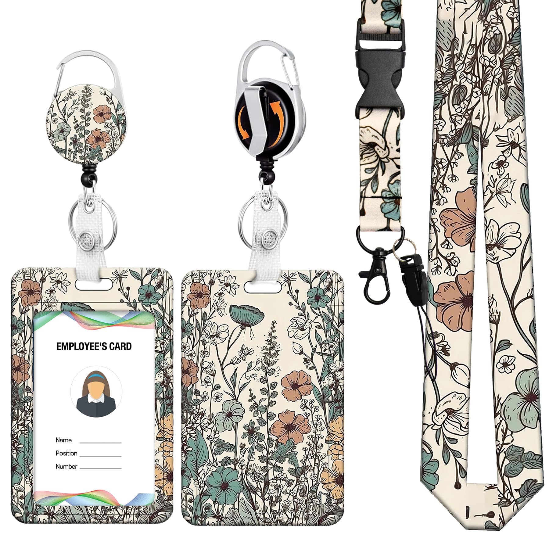 RAORAOYUE Flower ID Badge Holder, Lanyard and Retractable Badge Reel Clip, ID Badges Name Tags Vertical Card Teacher Nurse Workers Women Office Gifts