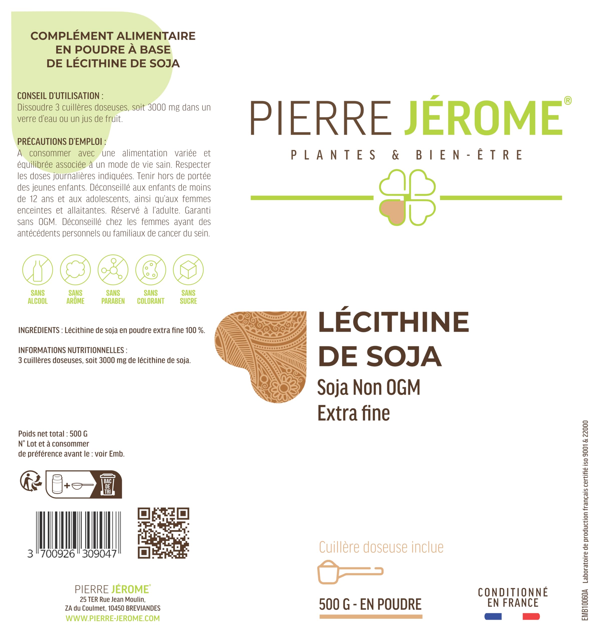 Lécithine de Soja en Poudre Pierre Jérôme - 500 G - Complément et Additif Alimentaire à Base de Phospholipides de Soja - Foie, Cerveau - 0.5 KG - 500 Jours