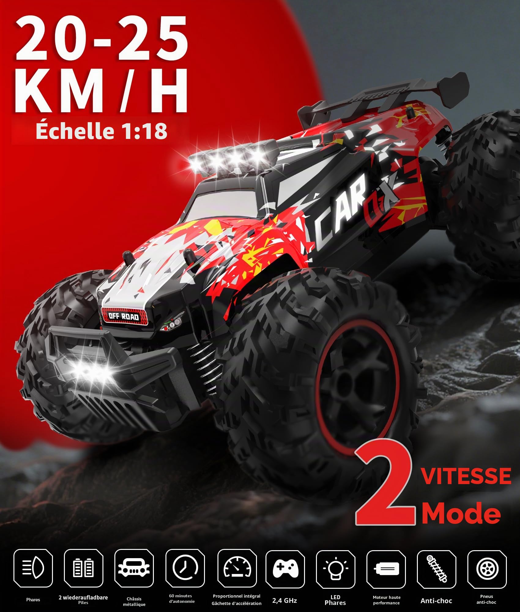 Voiture Télécommandée RC avec LED & 2 Batteries– Voiture Télécommandée Enfant 6 Ans+, Voiture Radio Commandé, 2 Vitesses (26 km/h), Camion Monstre, Cadeau Enfant Garçon Fille