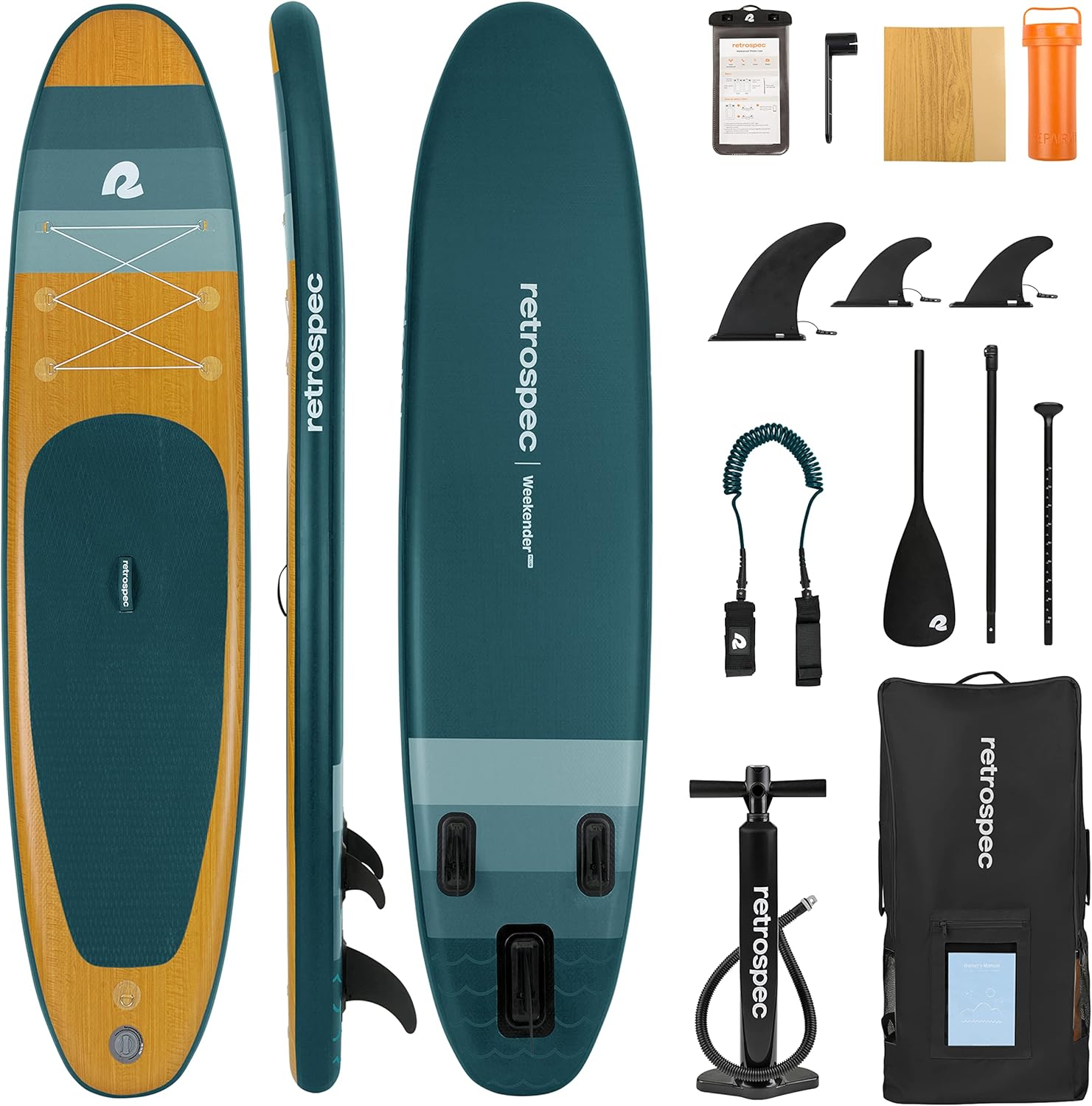 Retrospec Weekender Plus 10' Inflatable Stand Up Paddleboard Double Layer PVC iSUP Bundle w/Carrying case, 3 Piece Adjustable Aluminum Paddle, 3 Removable fins, Pump, and Cell Phone case : Everything Else