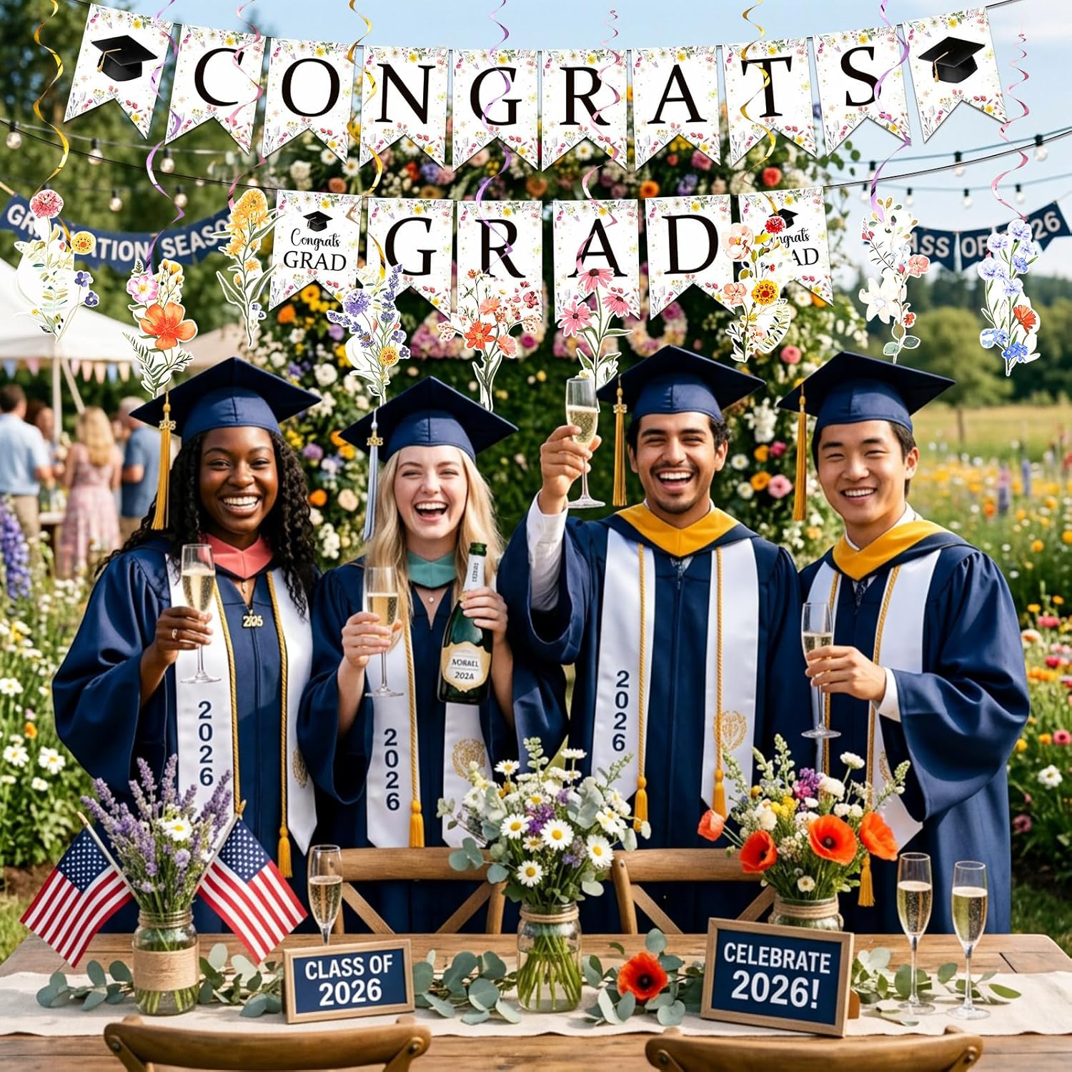 Wildflower Graduation Party Decorations 2 Pcs Class of 2026 Flower Congrats Grad Banners Garland and 18 Pcs Hanging Swirl Floral Graduation Decoration Garland Congrats Grad Supplies