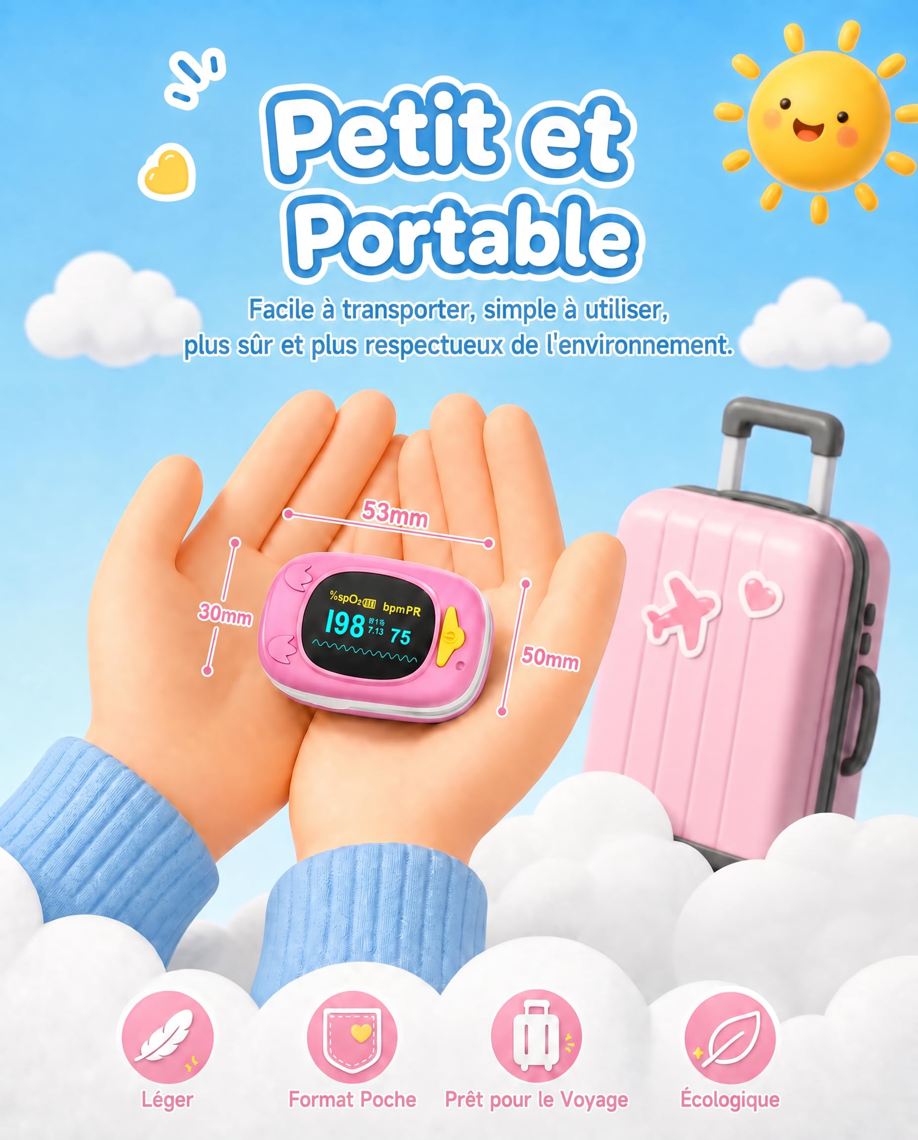 HealthTree 50A Oxymètre de Pouls Enfants, Saturomètre Pédiatrique Digital | Écran OLED Mesure 8-10s Saturation Oxygène(SpO2), Fréquence Cardiaque et PI, pour Maison Voyage (Batterie et Cordon Inclus)